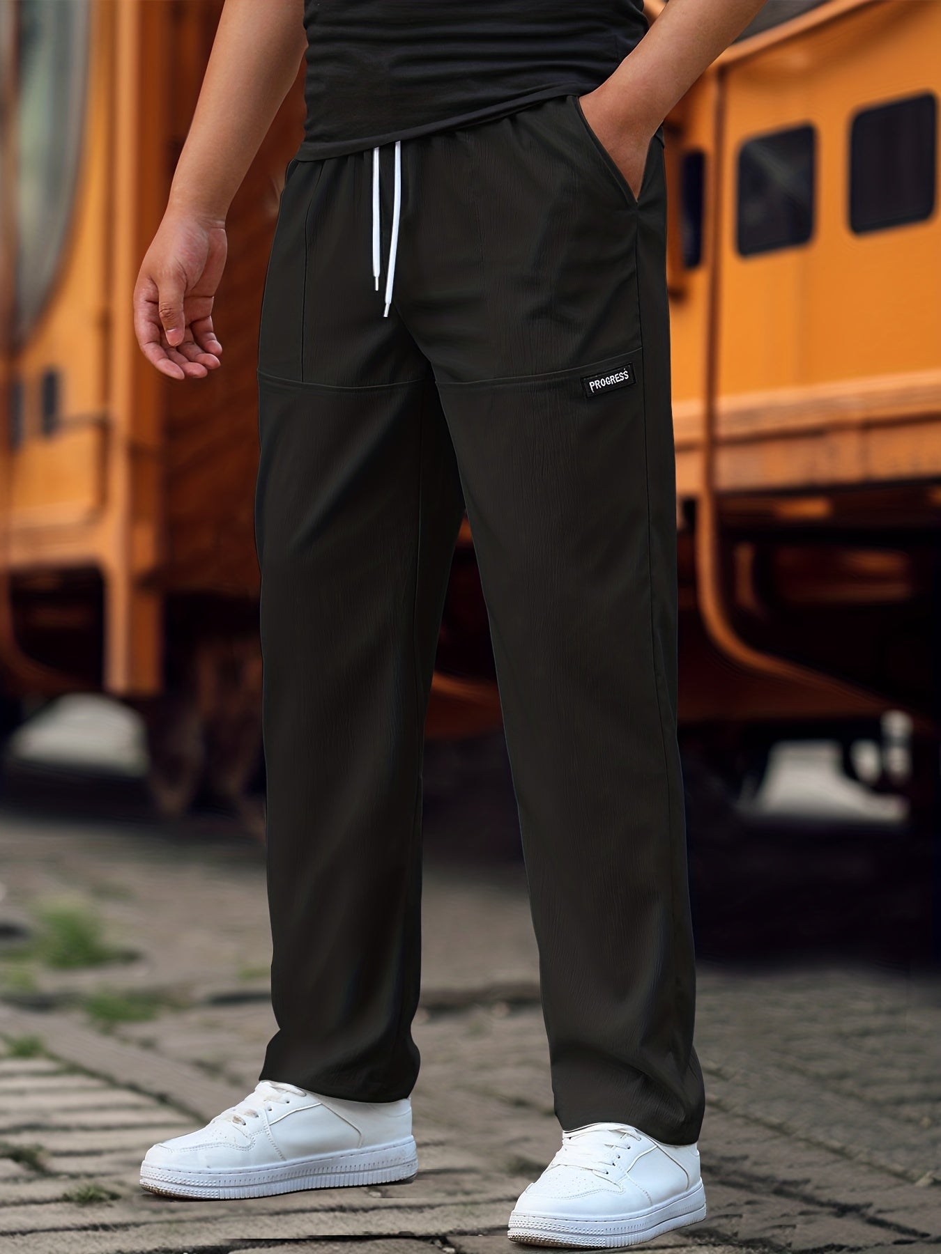 Men's Straight Leg Casual Work Pants, Classic Design Waist Drawstring Joggers For Fitness