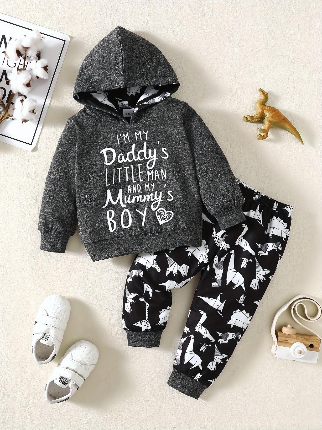 Baby Boys Casual Outfit, Letter Of Love Print Hooded Layered Top Dinosaur Full Print Trousers For Daily Outing Clothes Fall Winter