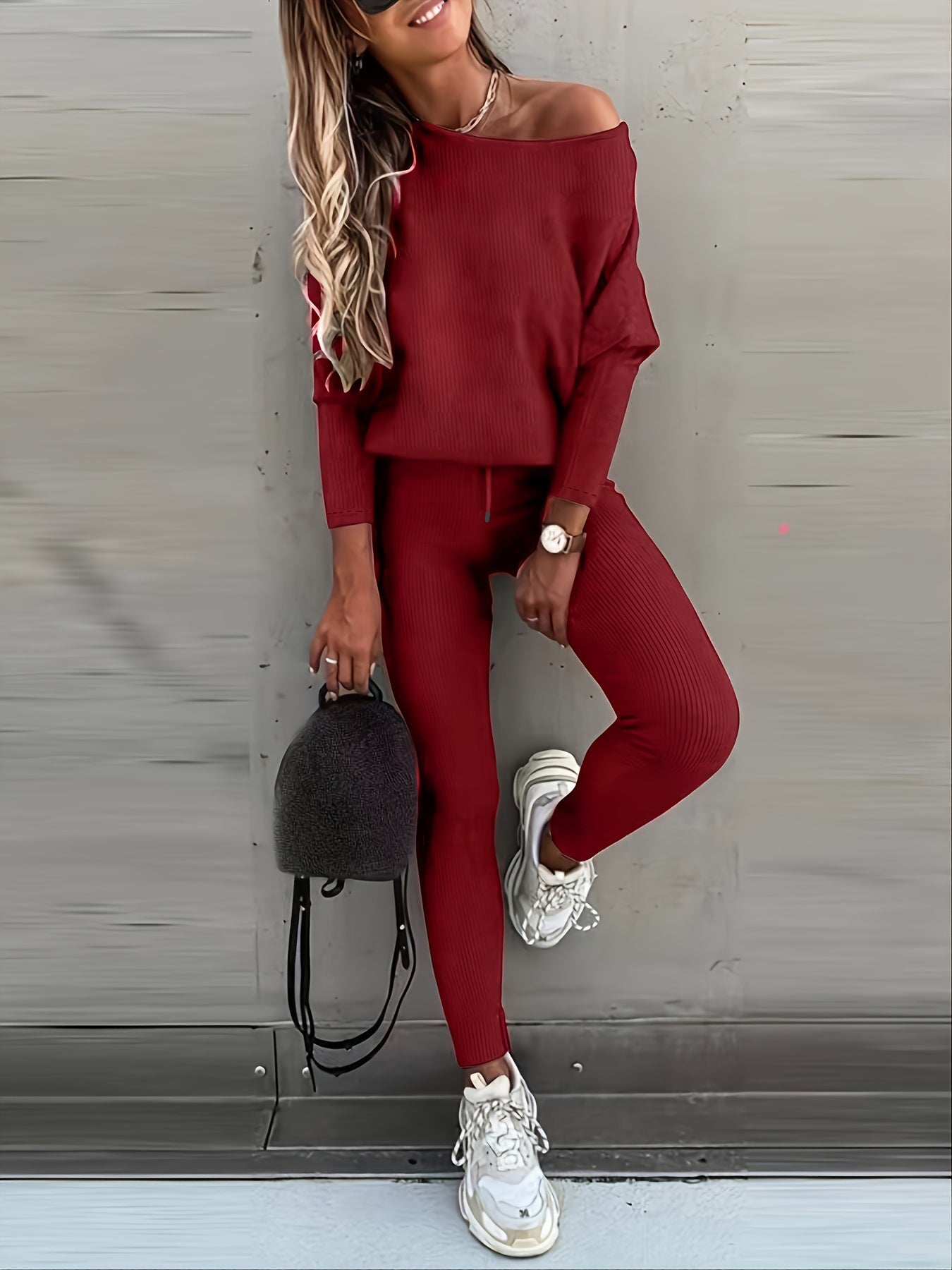 Casual Solid Sports Two-piece Set, With Slanted Shoulder Long Sleeve Hoodies & Tied Striped Pants Set, Women's Clothing
