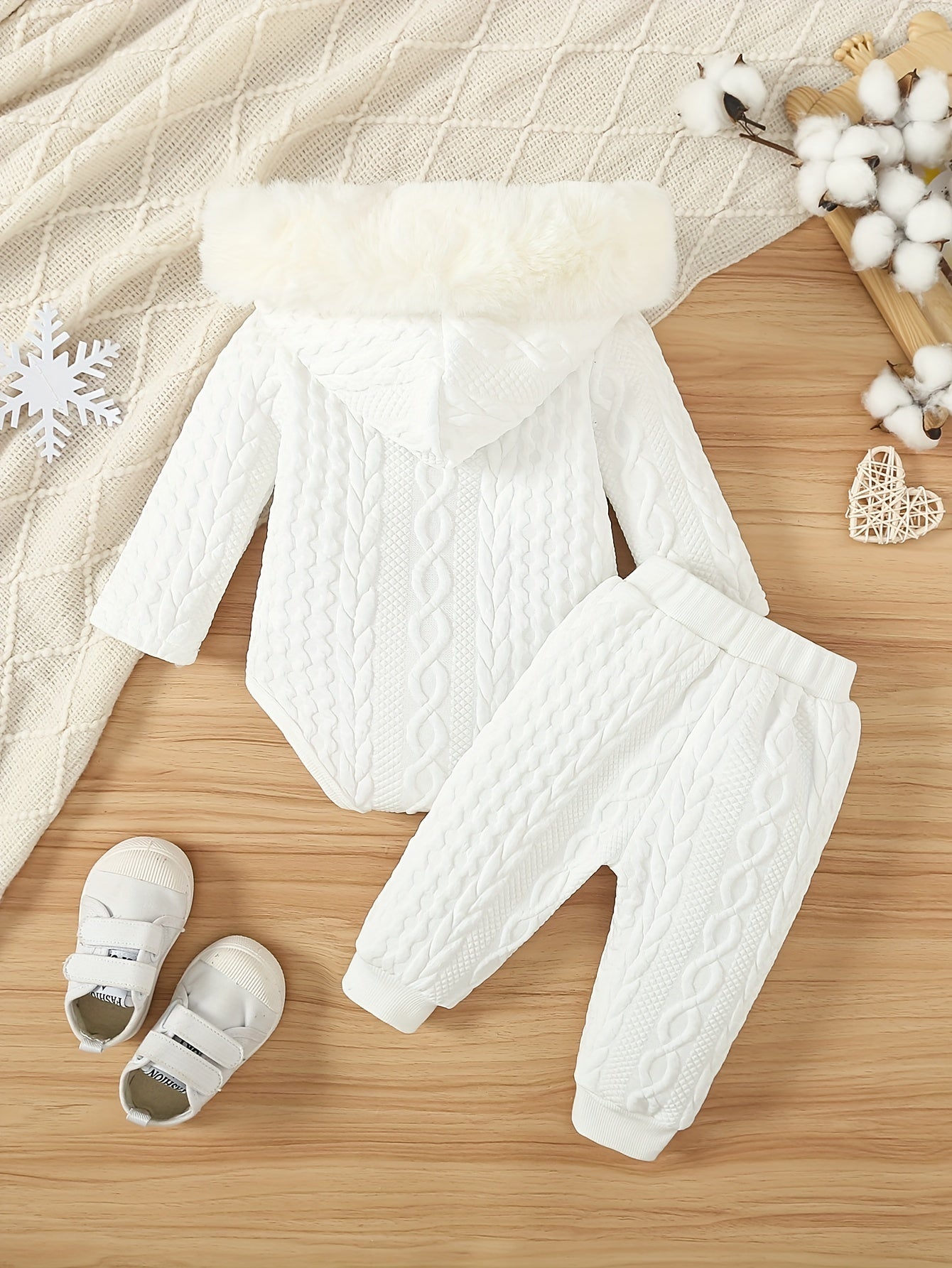 Toddler Baby Autumn Winter Thermal Outfit, Thick Furry Hooded Romper + Pants Casual Set