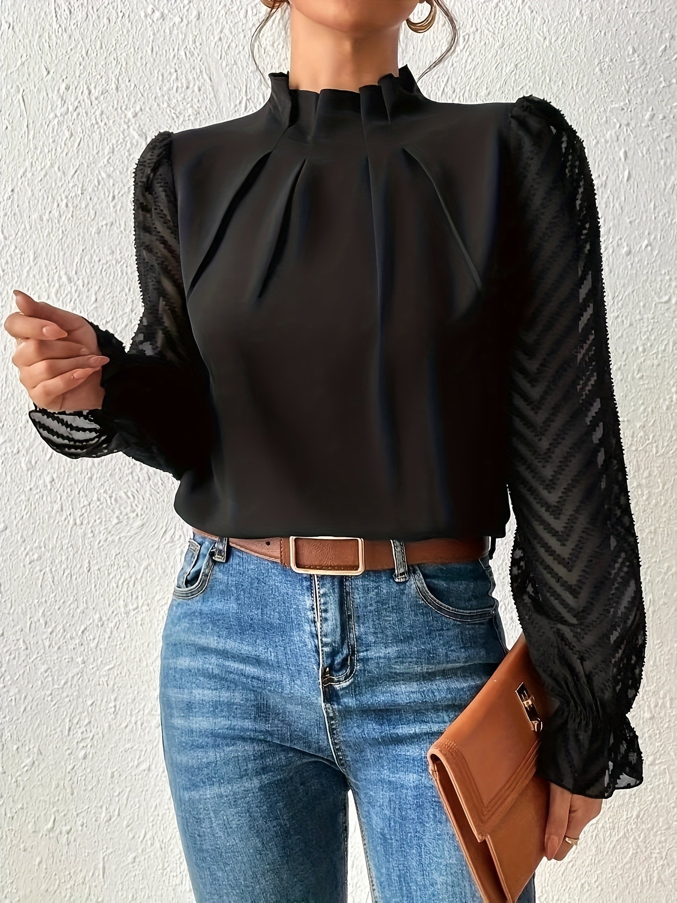 Solid Contrast Mesh Blouse, Elegant Mock Neck Ruched Blouse, Women's Clothing