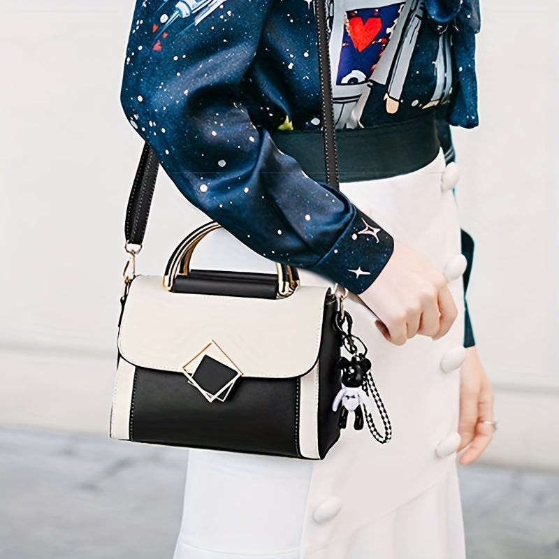 Color Contrast Crossbody Bag, Fashion Metal Decor Handbag, Women's Top Handle Flap Purse