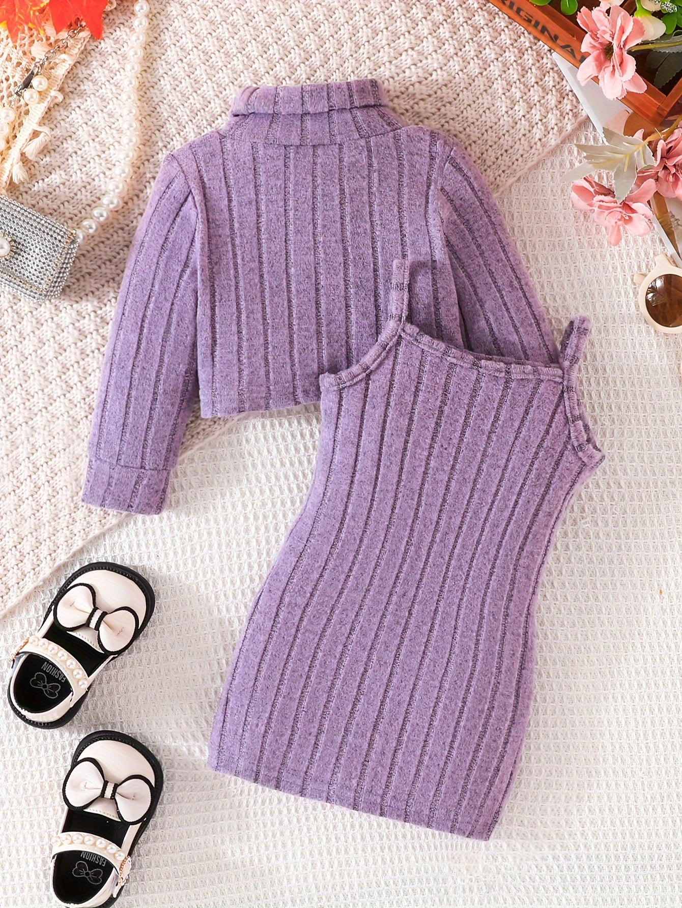 Little Lady New Stylish Outfits - Mock Neck Long-sleeved Pullover Cropped Top & Suspender Skirt Set, Toddler's Clothes Autumn And Winter