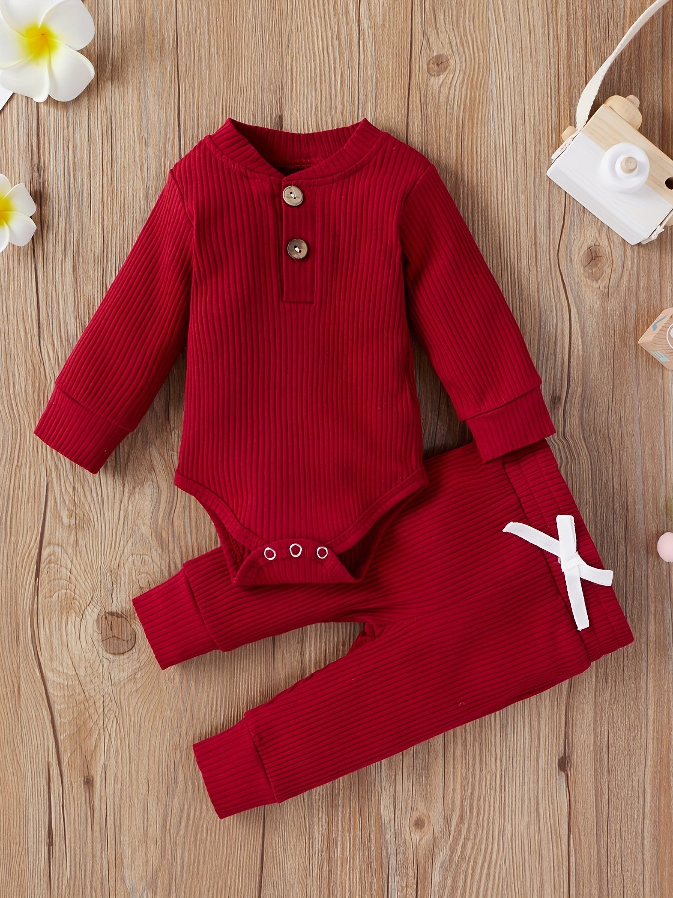 2pcs Baby Infant Boys And Girls Casual Plain Color Long Sleeve Onesie & Pants Set Clothes