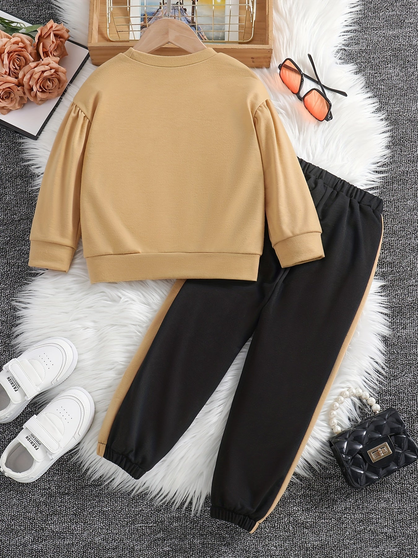 Girls 2pcs Sweatshirt & Elastic Waist Pants Set Bow Decor Long Sleeve Pullover Top Casual Kids Clothes Spring Fall
