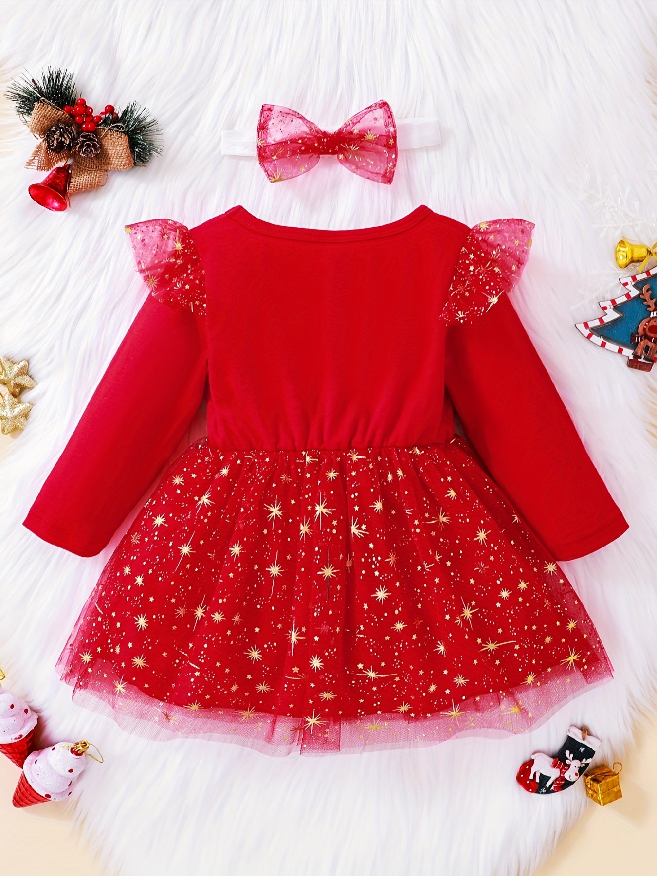 Christmas Baby Girls Long Sleeve Ruffle Mesh Princess Dress Party Costume Clothes