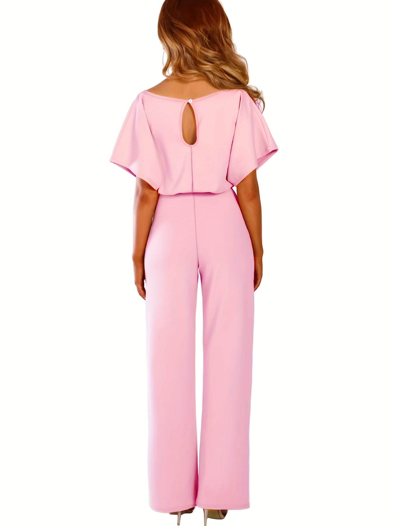 Tie Waist Straight Leg Jumpsuit, Casual Short Sleeve Jumpsuit For Spring & Summer, Women's Clothing