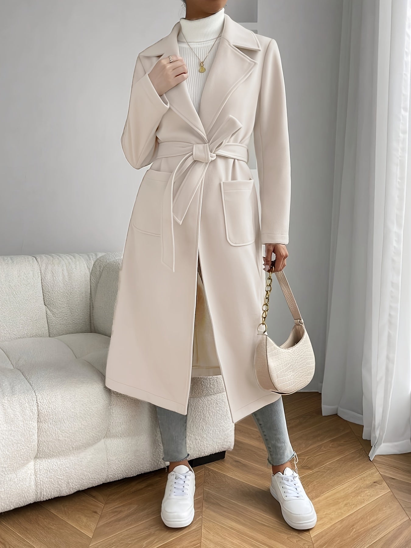 Solid Lapel Mid Length Overcoat, Casual Open Front Long Sleeve Outerwear With Pockets, Women's Clothing