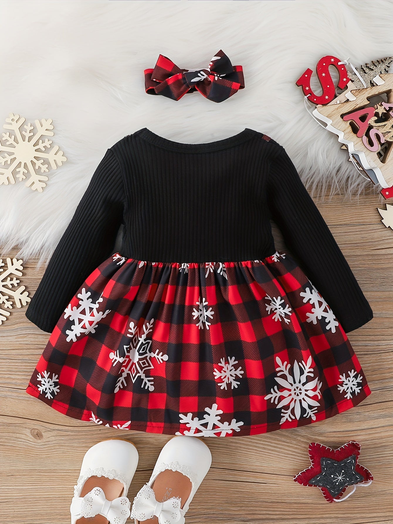 2pcs Baby Girl Christmas Cute Bow Snowflake Print Dress + Headscarf Set