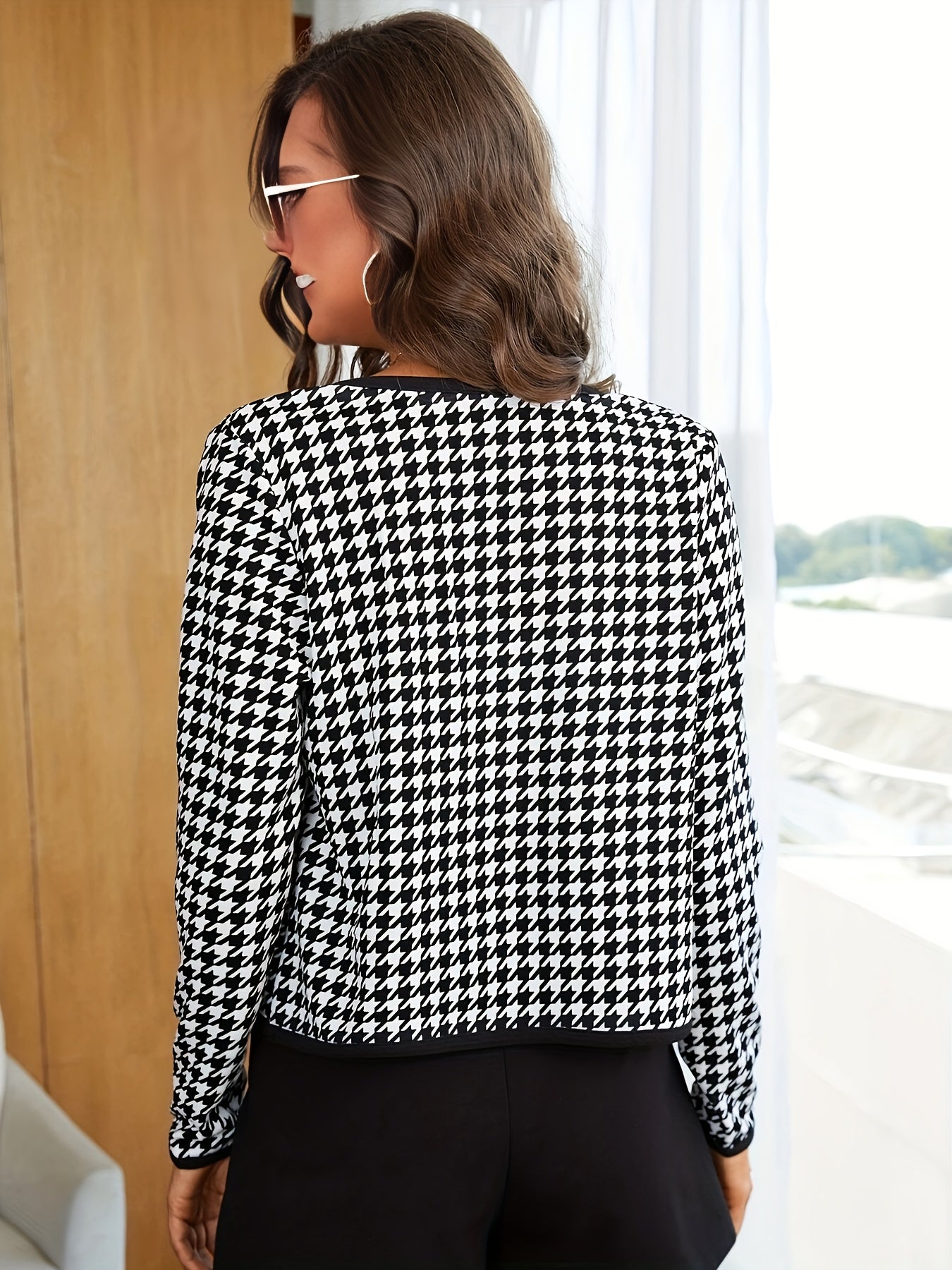 Houndstooth Contrast Trim Jacket, Elegant Open Front Long Sleeve Jacket For Spring & Fall, Women's Clothing