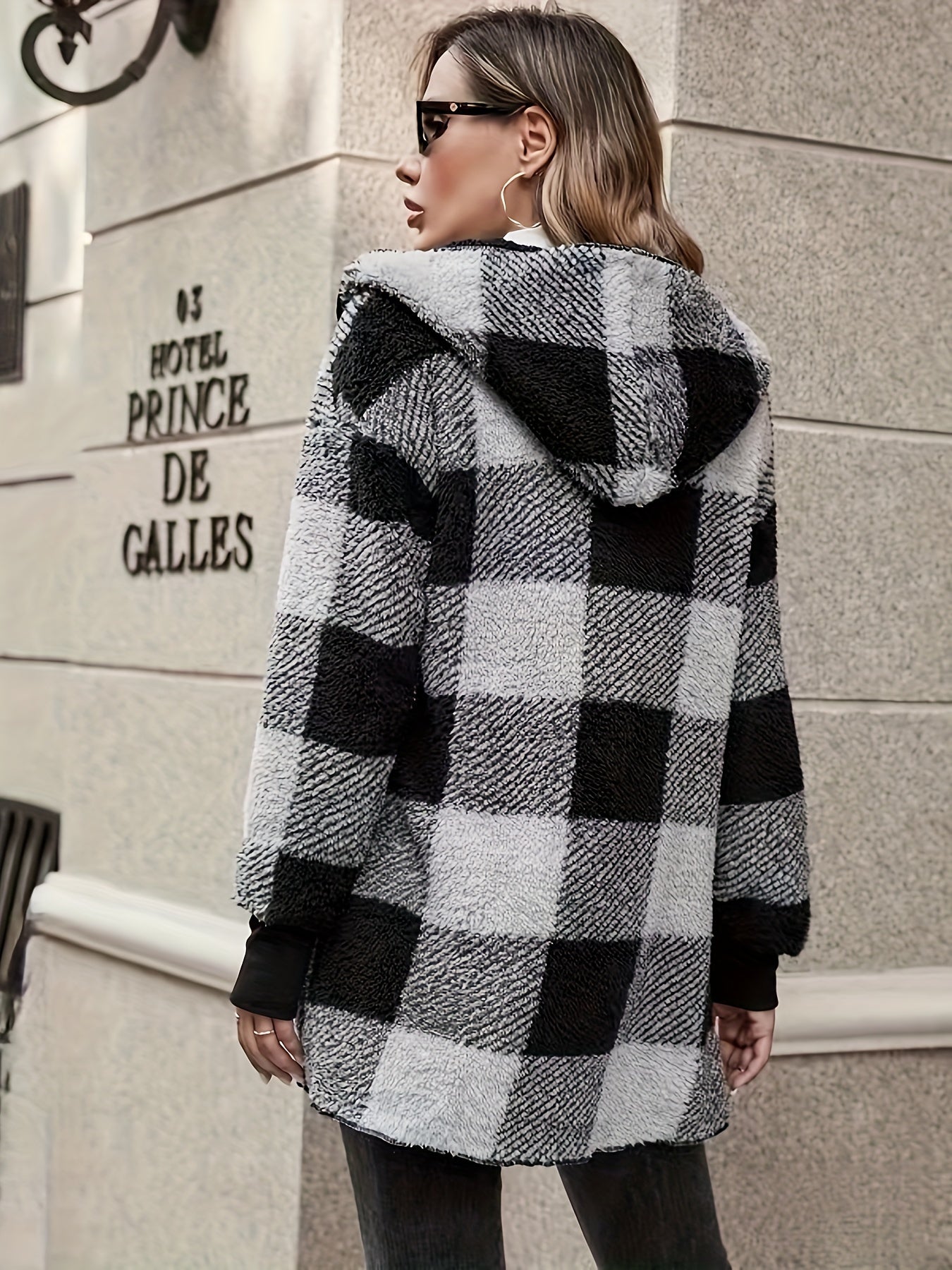 Plaid Pattern Open Front Hooded Coat, Versatile Long Sleeve Thermal Winter Outwear, Women's Clothing