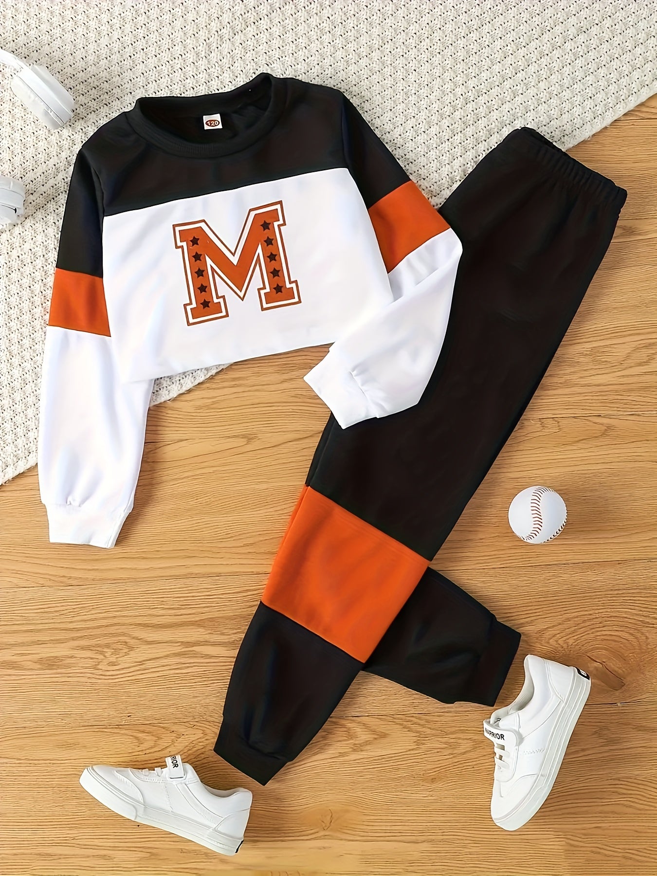 Alphabet Print Trendy Girls Color Block Long Sleeve Sweatshirt & Sports Pants Set, Girls Casual Outfit For Spring Fall