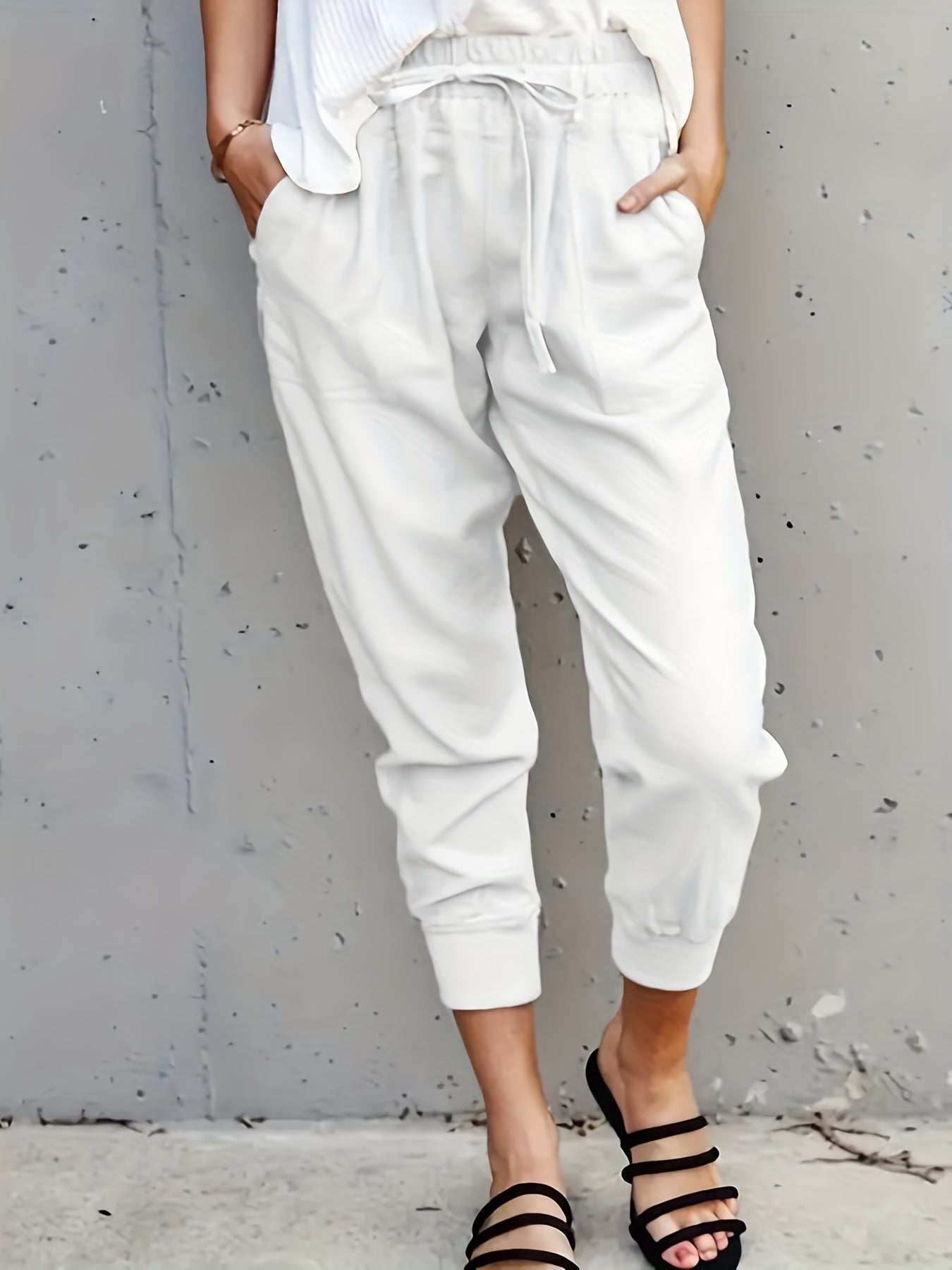 Minimalist Drawstring Waist Pants, Solid Casual Pants For Spring & Summer, Women's Clothing