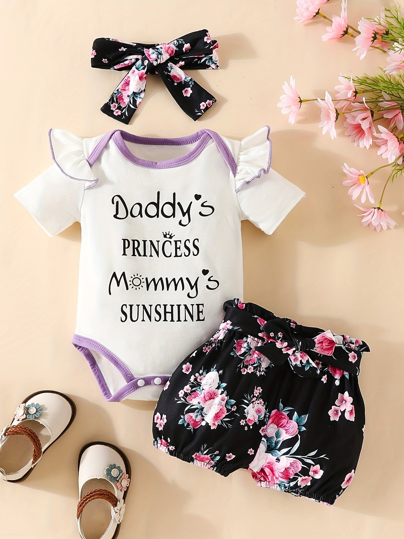 Baby Girl's "I'm My Daddy's Girl And My Mommy's World" Graphic Onesie & Floral Shorts & Headband Set