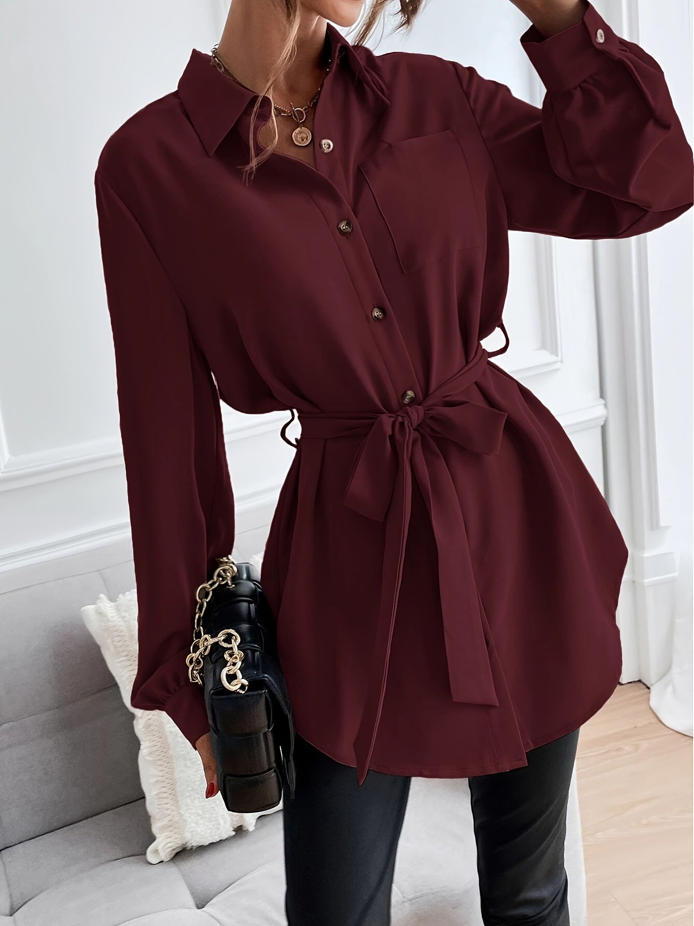 Button Front Basic Shirt, Casual Solid Long Sleeve Shirt, Women's Clothing