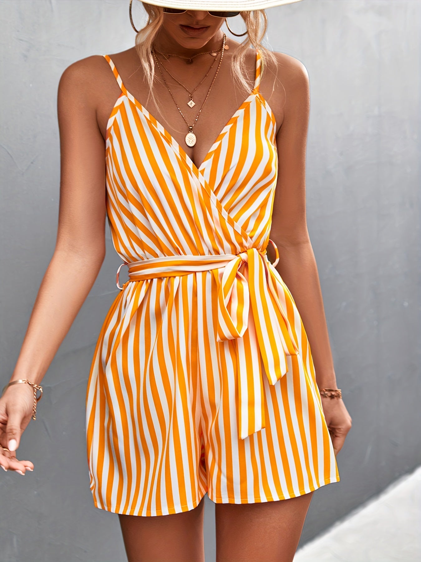 Striped Backless Cami Romper Jumpsuit, Casual Sleeveless V-neck Romper Jumpsuit, Women's Clothing