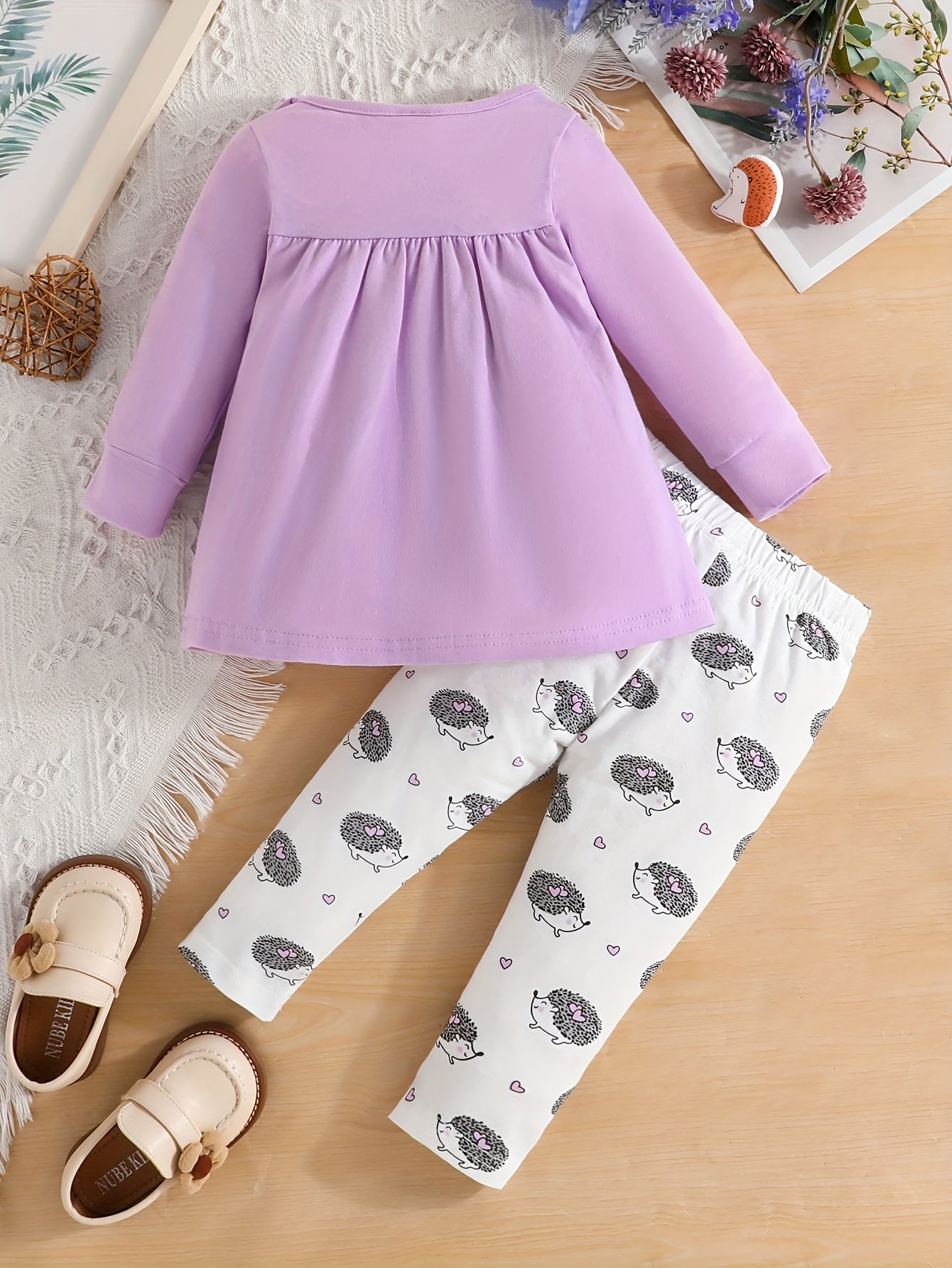 Girls Cute Hedgehog Print Long Sleeve Bow Sweatshirt Dress & Full Print Pants 2pcs Set