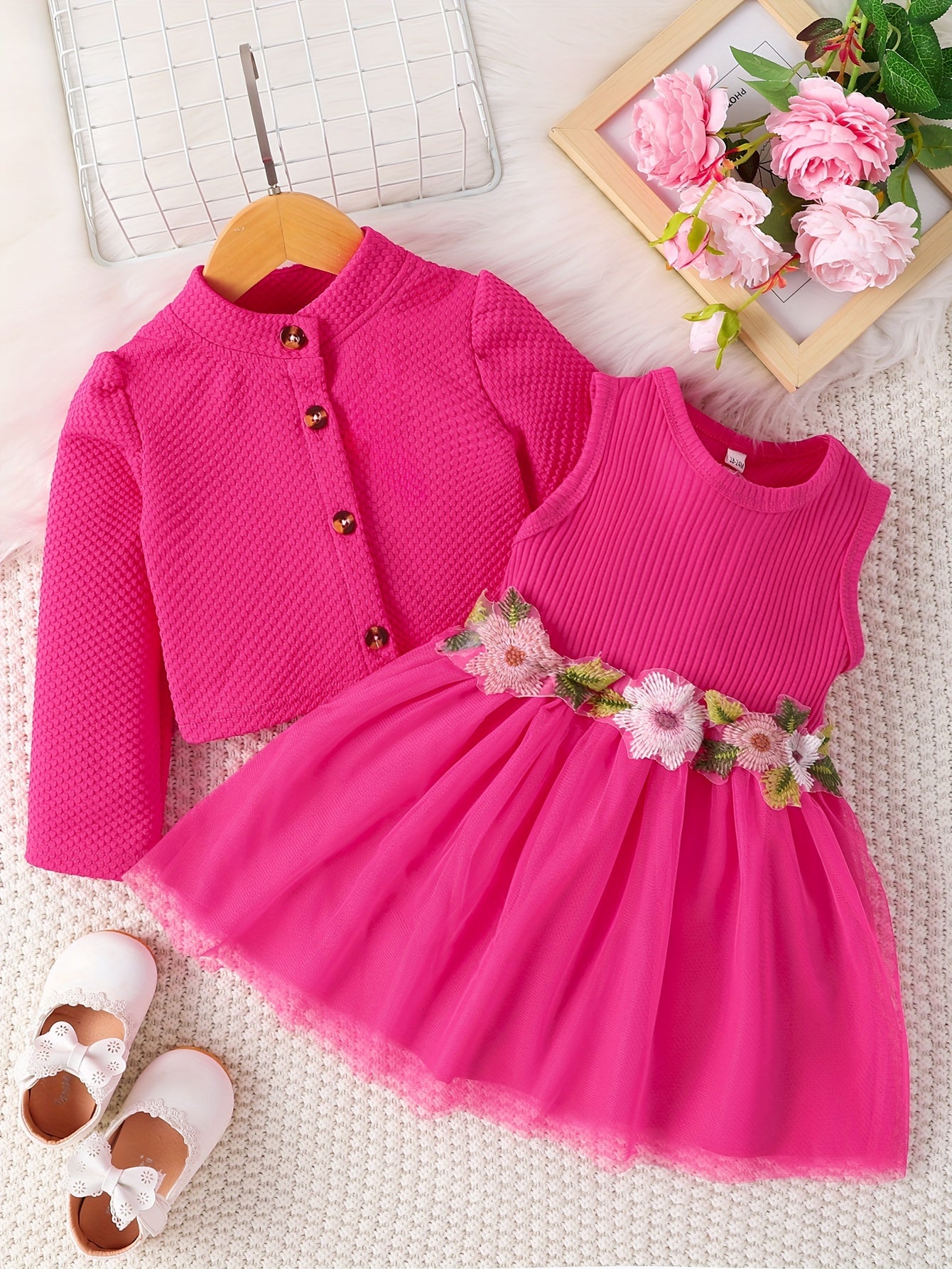 Sweet & Cute Infant Baby Girls Casual Dress Up, Single Breasted Long Sleeve Top Sleeveless Mesh Splicing Vest Skirt Set