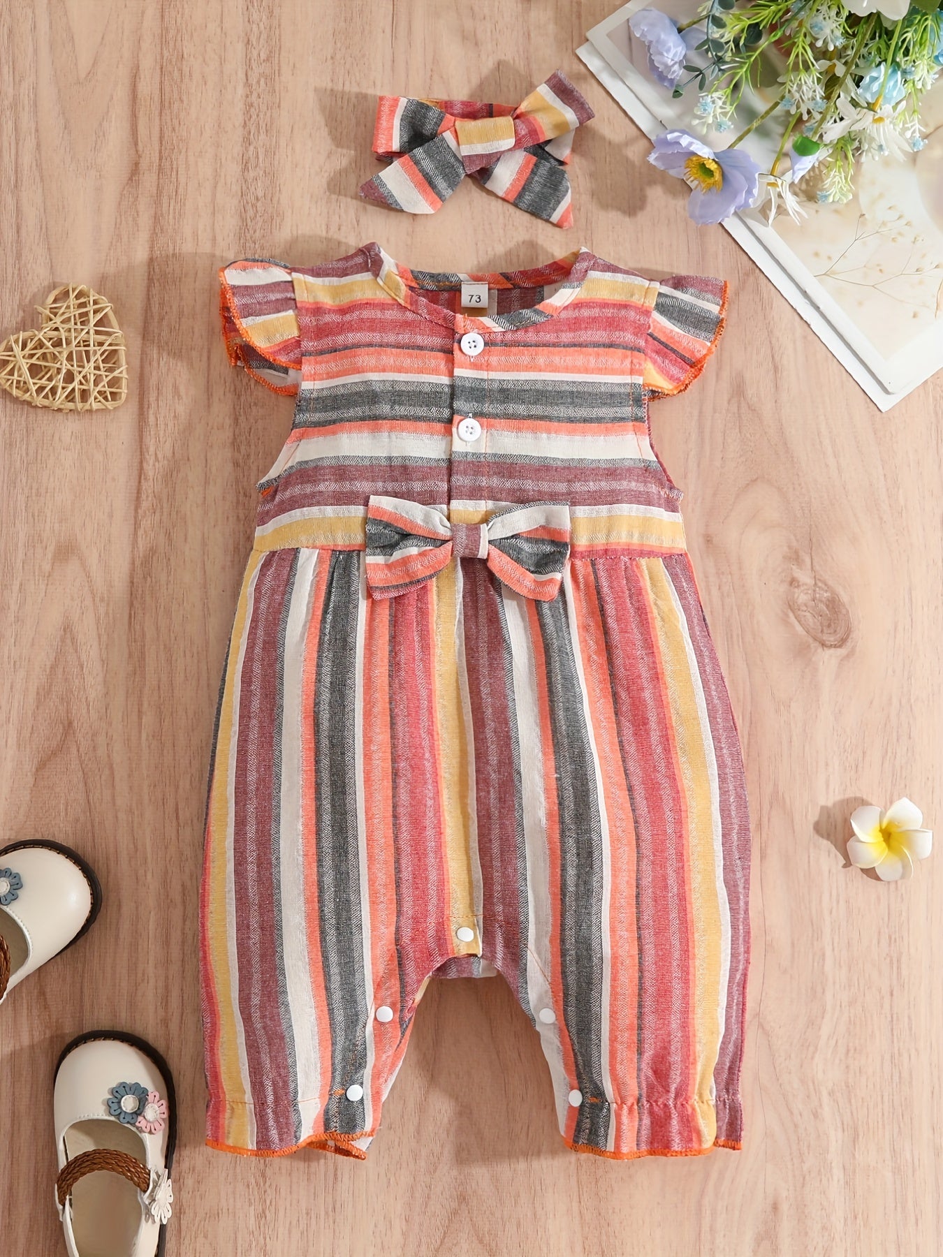 Baby Girls Cute Casual Striped Ruffled Romper With Bow Decoration & Bow Headband Set For Summer