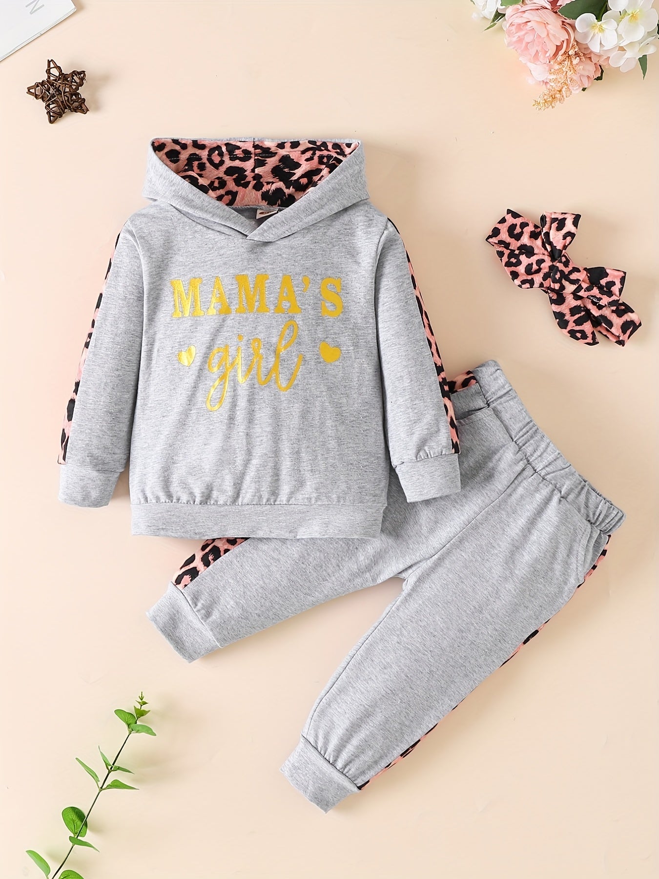 3pcs Baby Girls Casual  Hoodie Set, Leopard Print Long Sleeve Hooded Sweatshirt & Pants & Headband Set