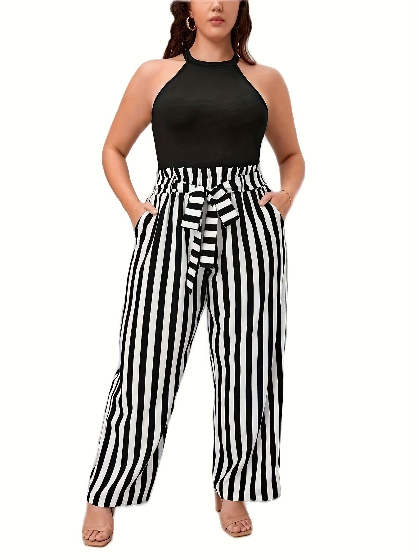 Plus Size Elegant Outfits Set, Women's Plus Solid Halter Neck Cami Top & Striped Pants With Belt Outfits Two Piece Set