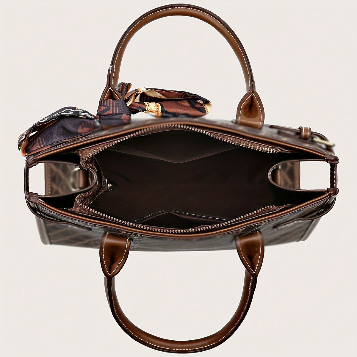 Women's 3 Pcs Classic Elegant Bag Set : Retro Geometric Pattern Tote Bag With Scarf Decor, Buckle Decor Square Purse & Credit Card Case