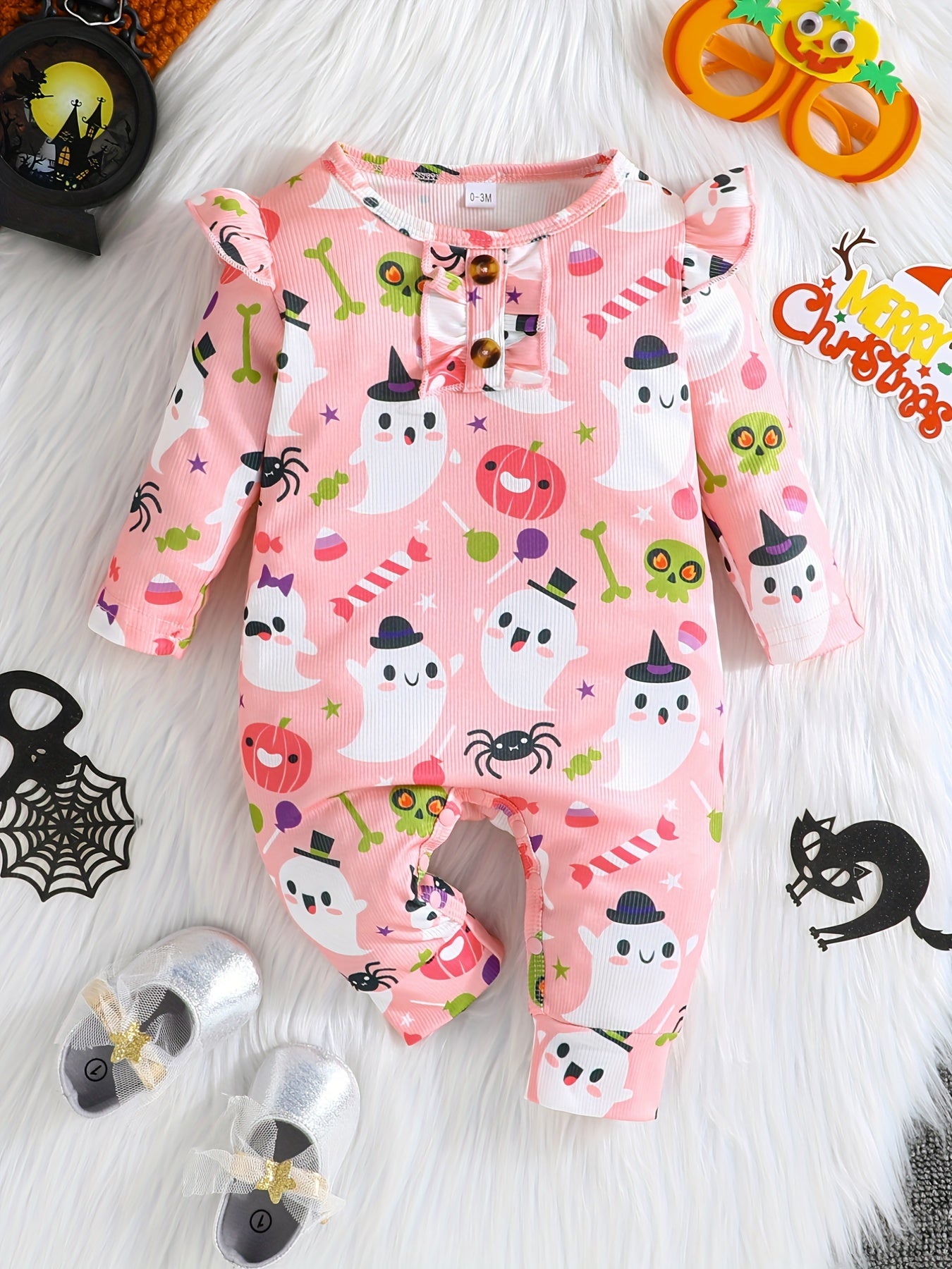Baby Girls Cute Floral/fruit/heart Graphic Print Ruffle Trim Long Sleeve Romper Jumpsuit Clothes