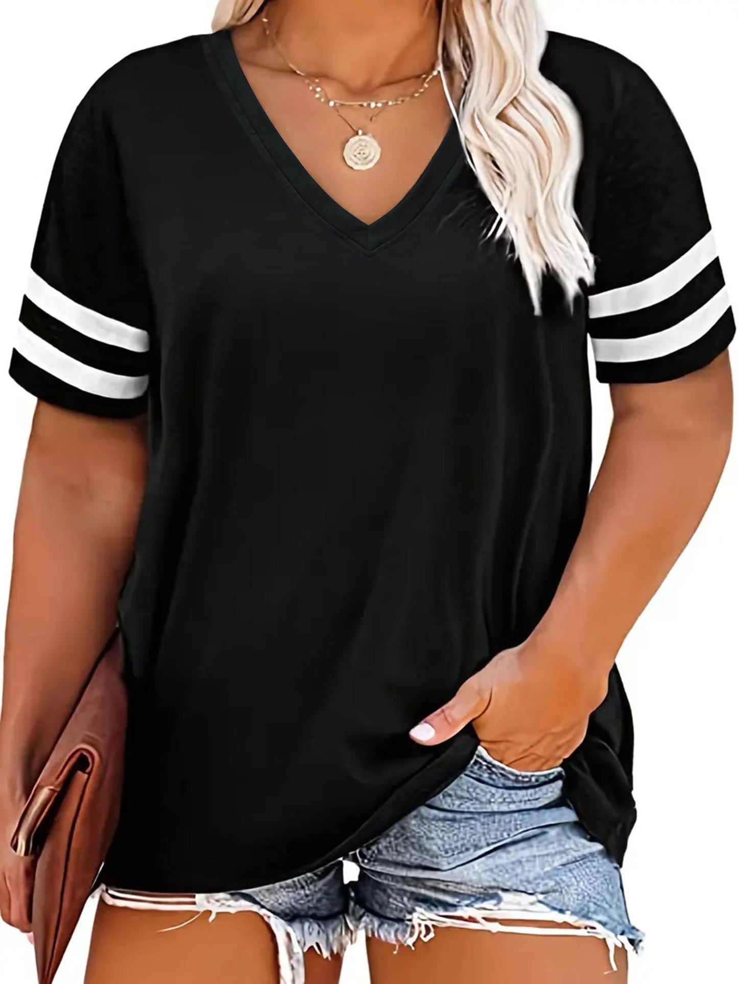 Plus Size Colorblock V Neck T-shirt, Women's Plus Slight Stretch Short Sleeve Casual Tee