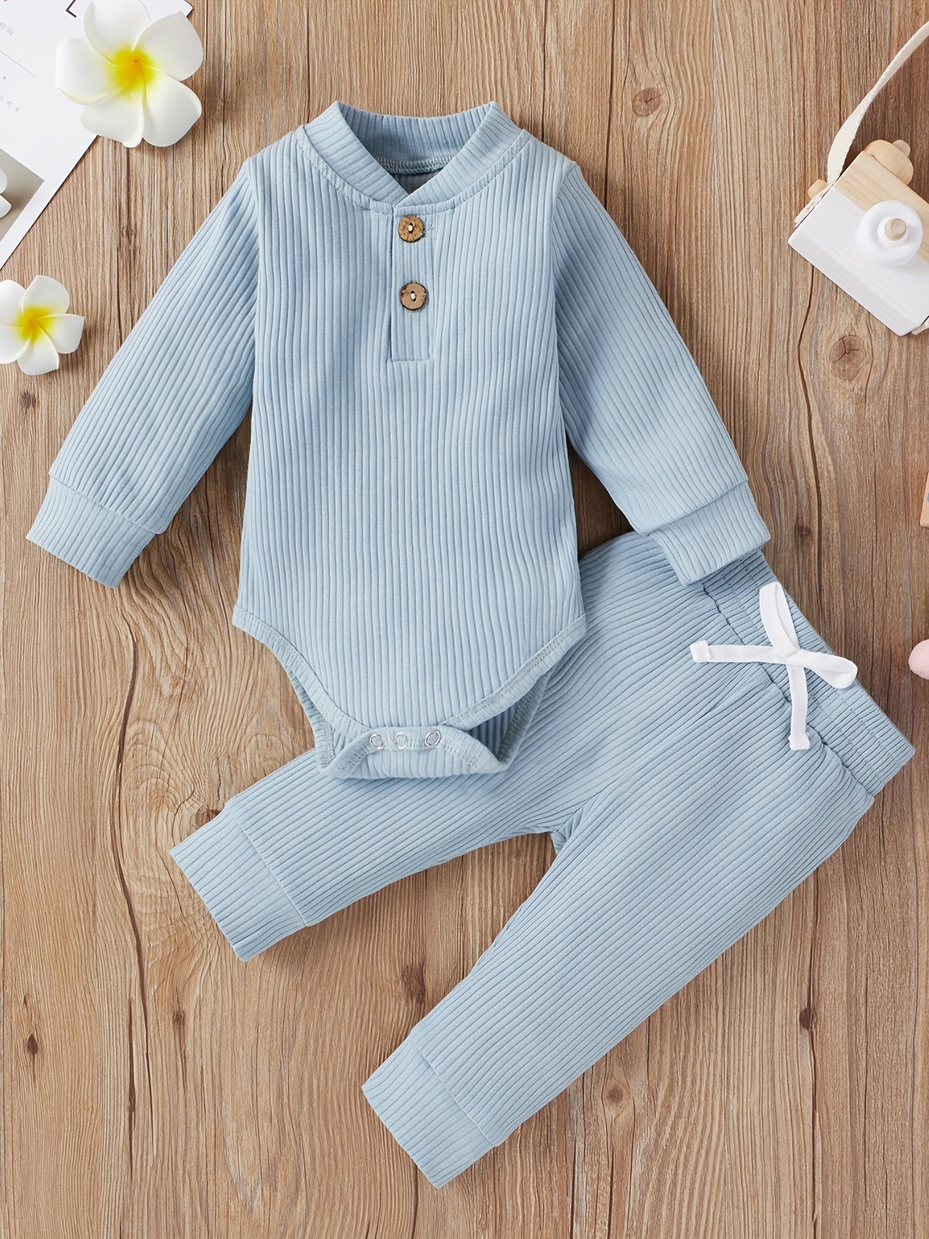 2pcs Baby Infant Boys And Girls Casual Plain Color Long Sleeve Onesie & Pants Set Clothes