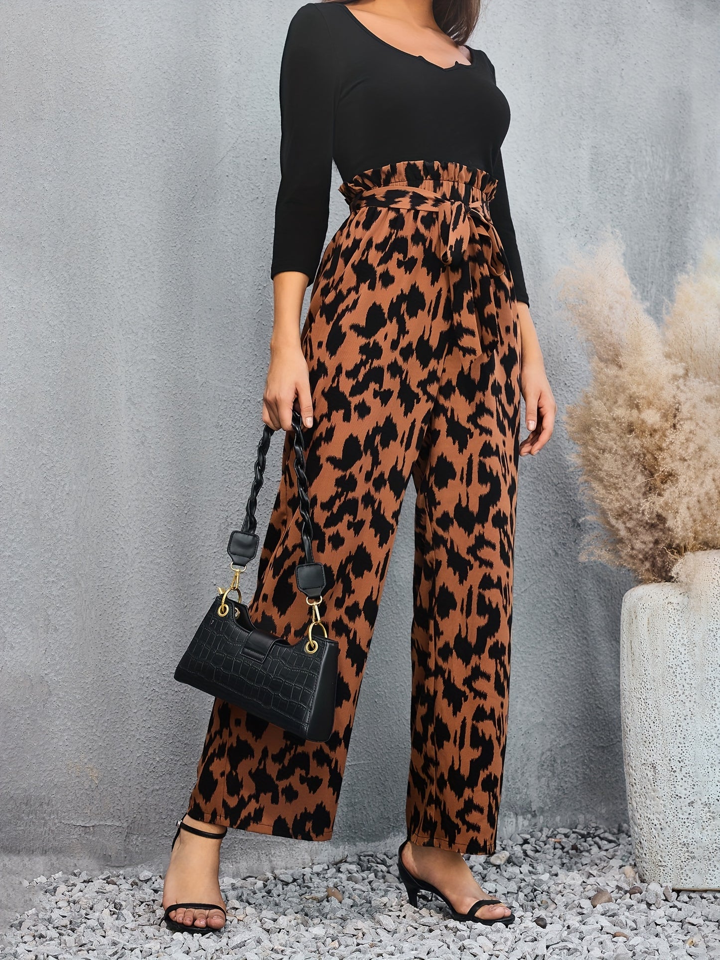 Leopard Print Splicing Jumpsuit, Casual 3/4 Sleeve Wide Leg Pants, Women's Clothing
