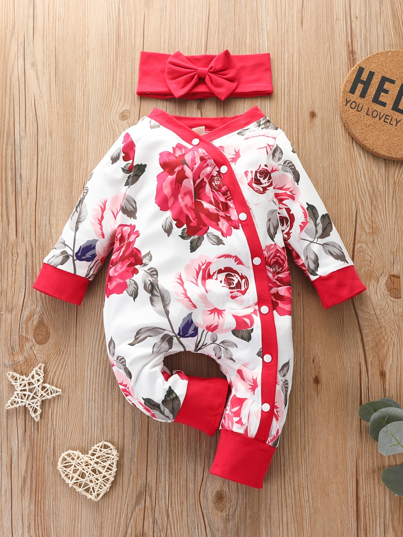 2pcs Baby Girls Floral Graphic Long Sleeve Romper & Headband Set