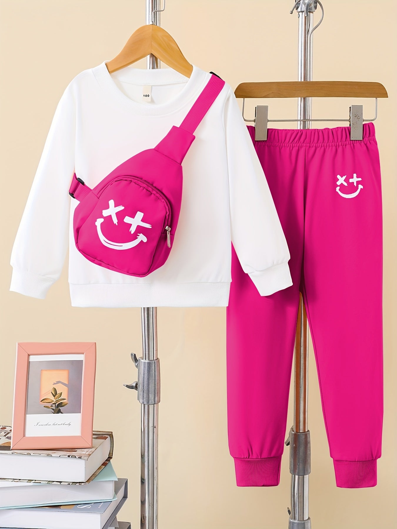 Girls 3pcs Trendy Sets, Solid Sweatshirt & Jogger Pants & Bag Sets Kids Clothes For Autumn Sports