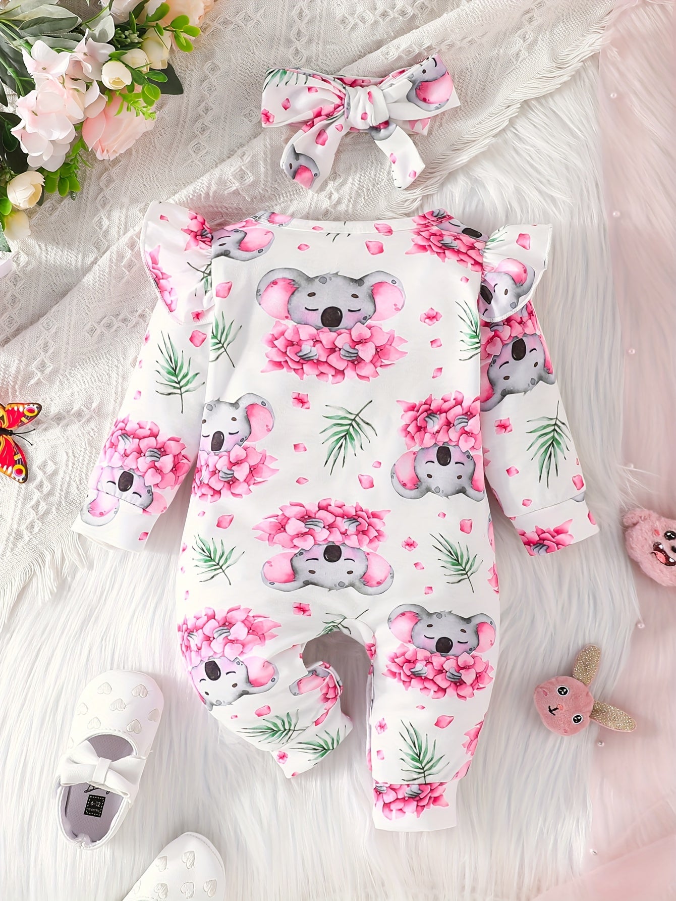 Newborn Baby New Cute Cartoon Animal Koala Allover  Print Bodysuit + Headband Two-piece Set For Baby Girls