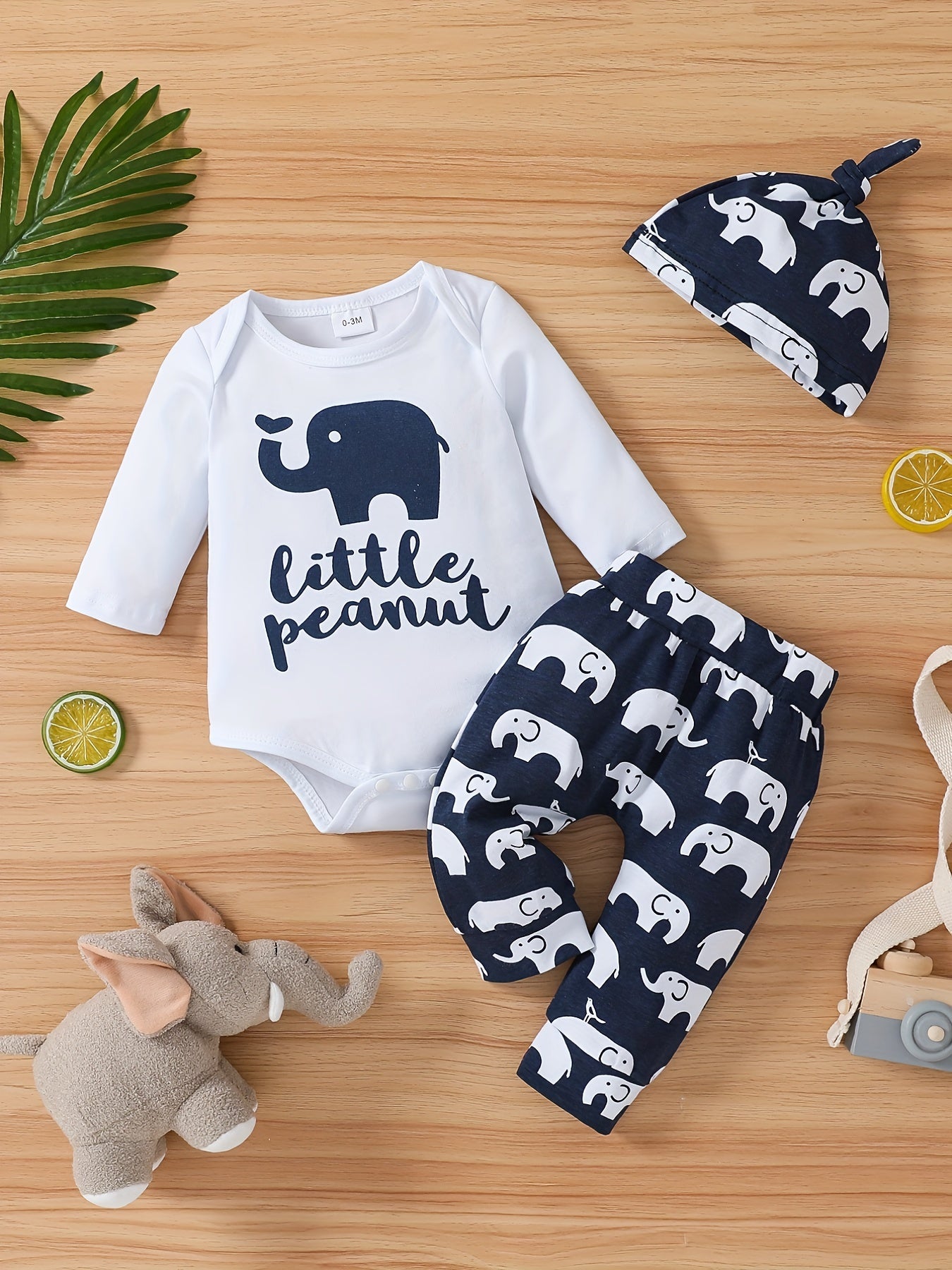 Baby Boys Cotton Bodysuit + Matching Pants + Hat With Elephant Print, Long Sleeve Romper Onesie Set Baby Clothes
