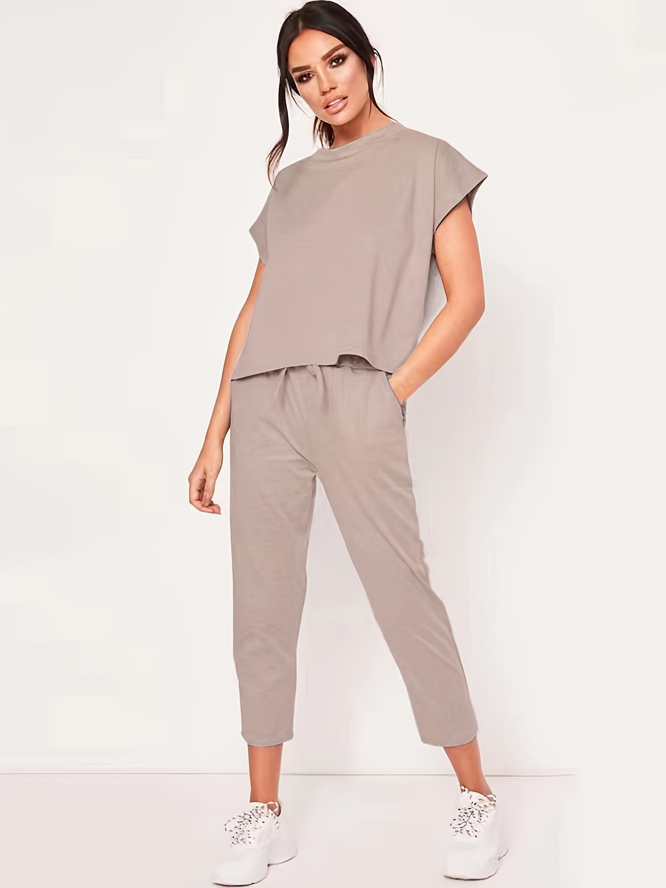 Casual Solid Pantsuits Two-piece Set, Short Sleeve Round Neck Tops & Drawstring Cropped Pants Set, Women's Clothing