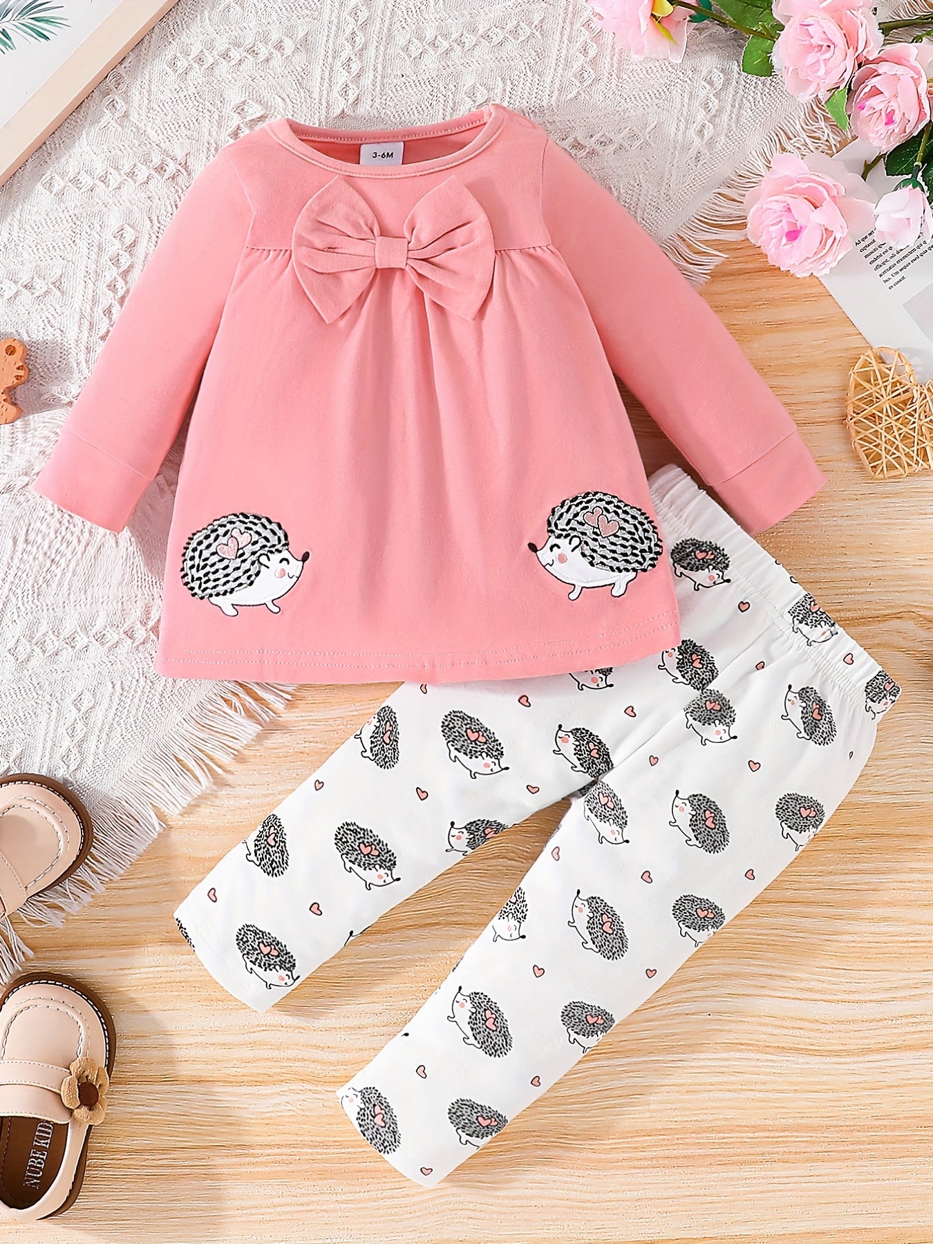 Girls Cute Hedgehog Print Long Sleeve Bow Sweatshirt Dress & Full Print Pants 2pcs Set