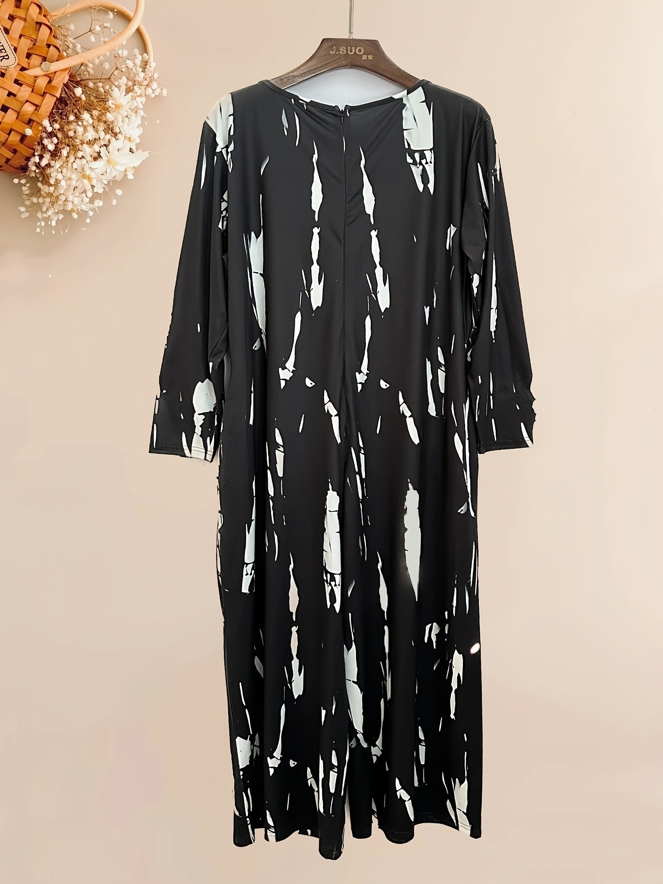 Plus Size Casual Jumpsuit, Women's Plus Tie Dye Long Sleeve Round Neck Wide Leg Jumpsuit With Pockets