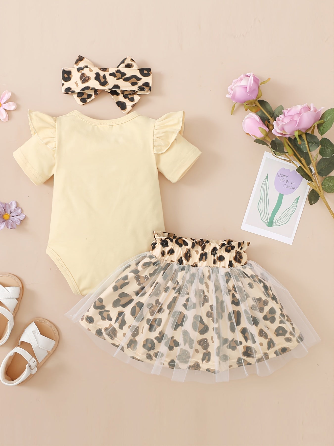 Baby Girls Cotton Ruffle Short Sleeve Bodysuit + Matching Mesh Skirts + Headband With Leopard Print Baby Clothes