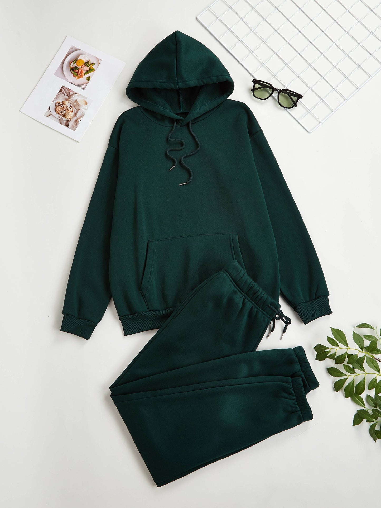 Casual Matching Two-piece Set, Kangaroo Pocket Hoodie & Drawstring Pants Outfits, Women's Clothing