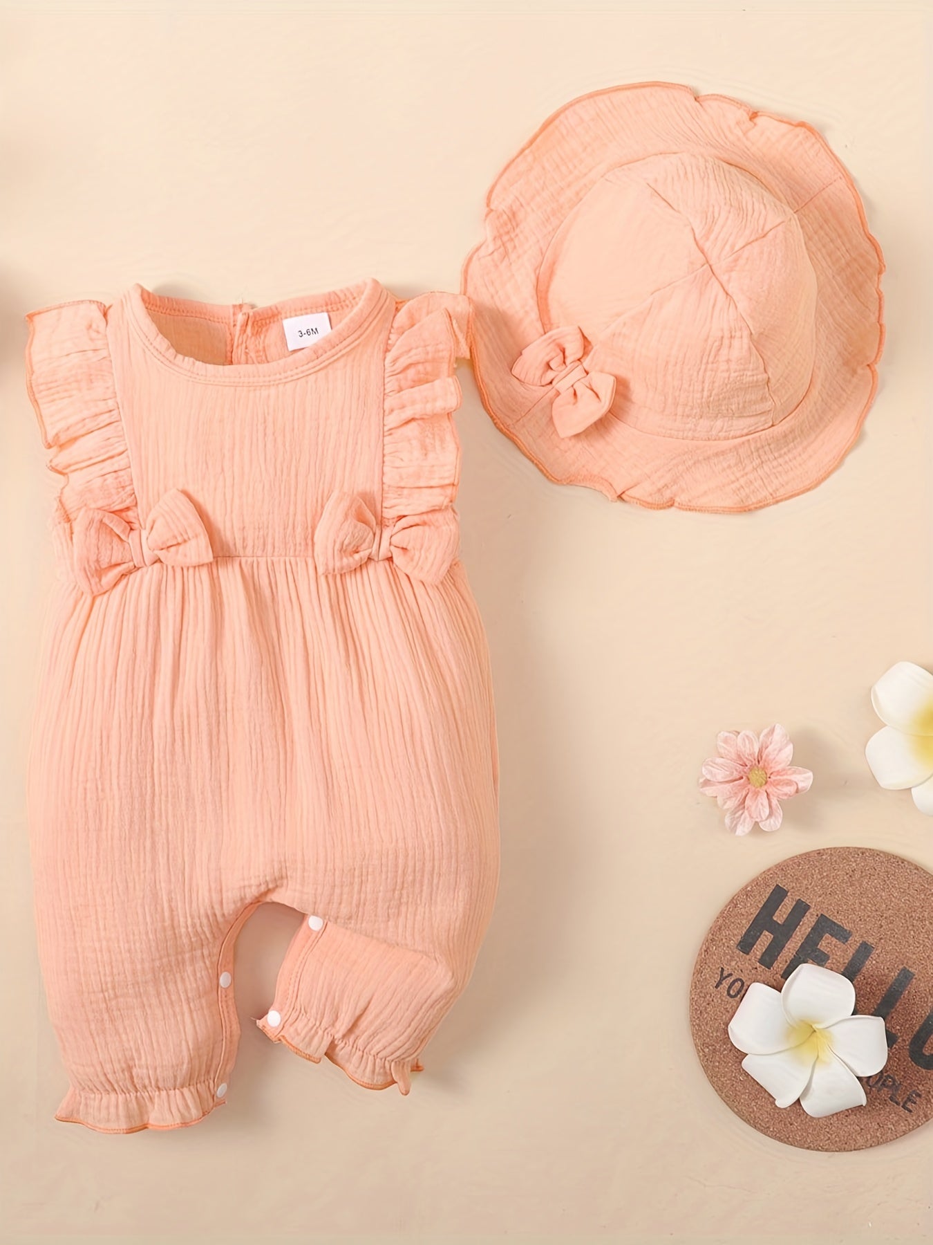 Stay Cool In Summer: 2pcs Baby Girl's Cotton Romper With Hat Set