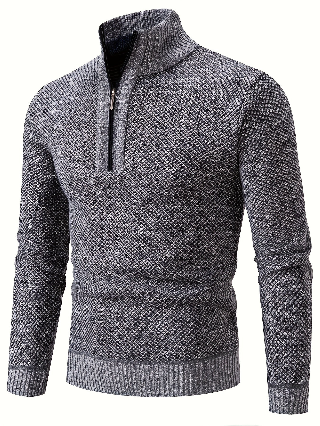 Men's Trendy Solid Knitted Pullover, Casual Slightly Stretch Breathable Turtle Neck Zip Up Long Sleeve Top For Outdoor Fall Winter