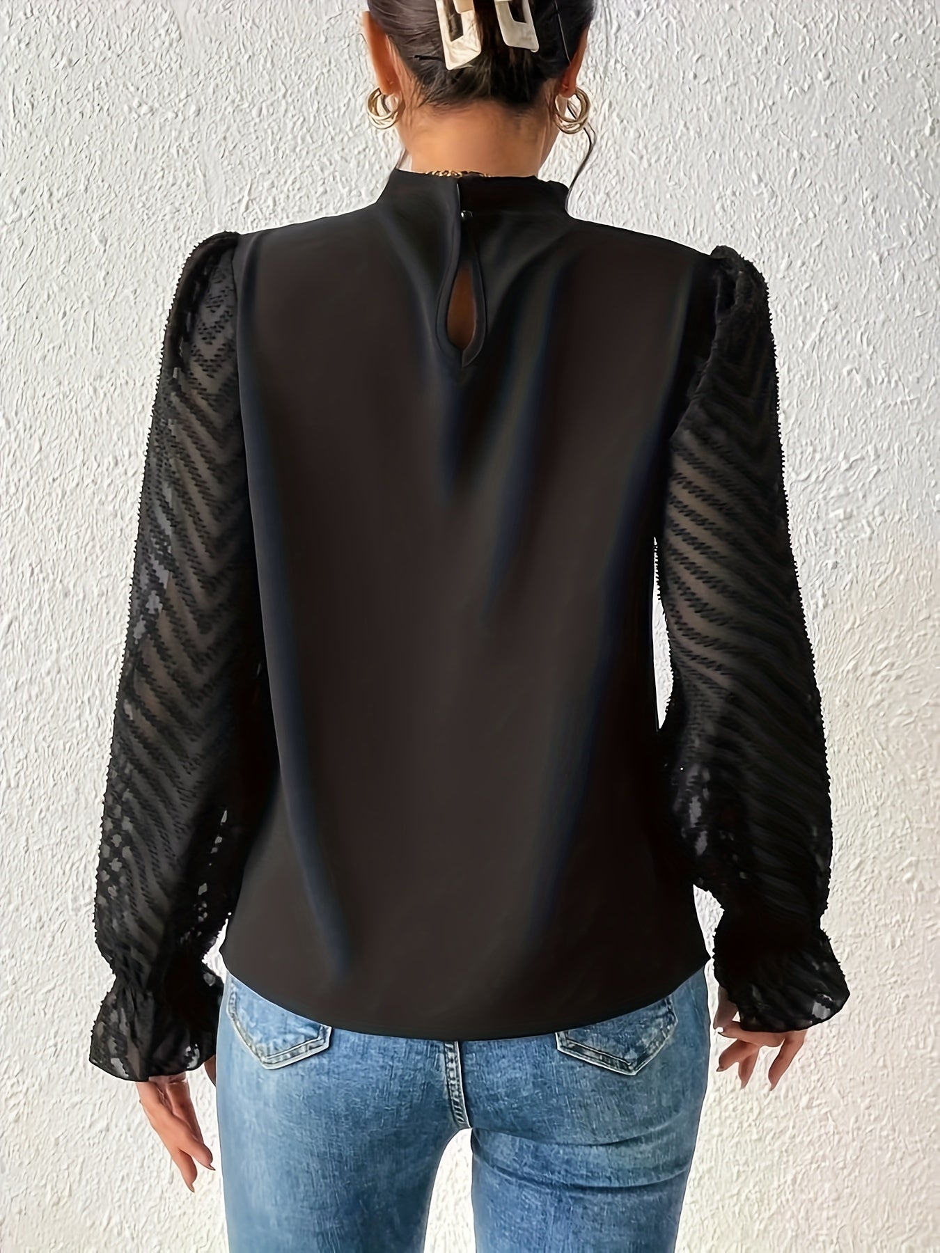 Solid Contrast Mesh Blouse, Elegant Mock Neck Ruched Blouse, Women's Clothing