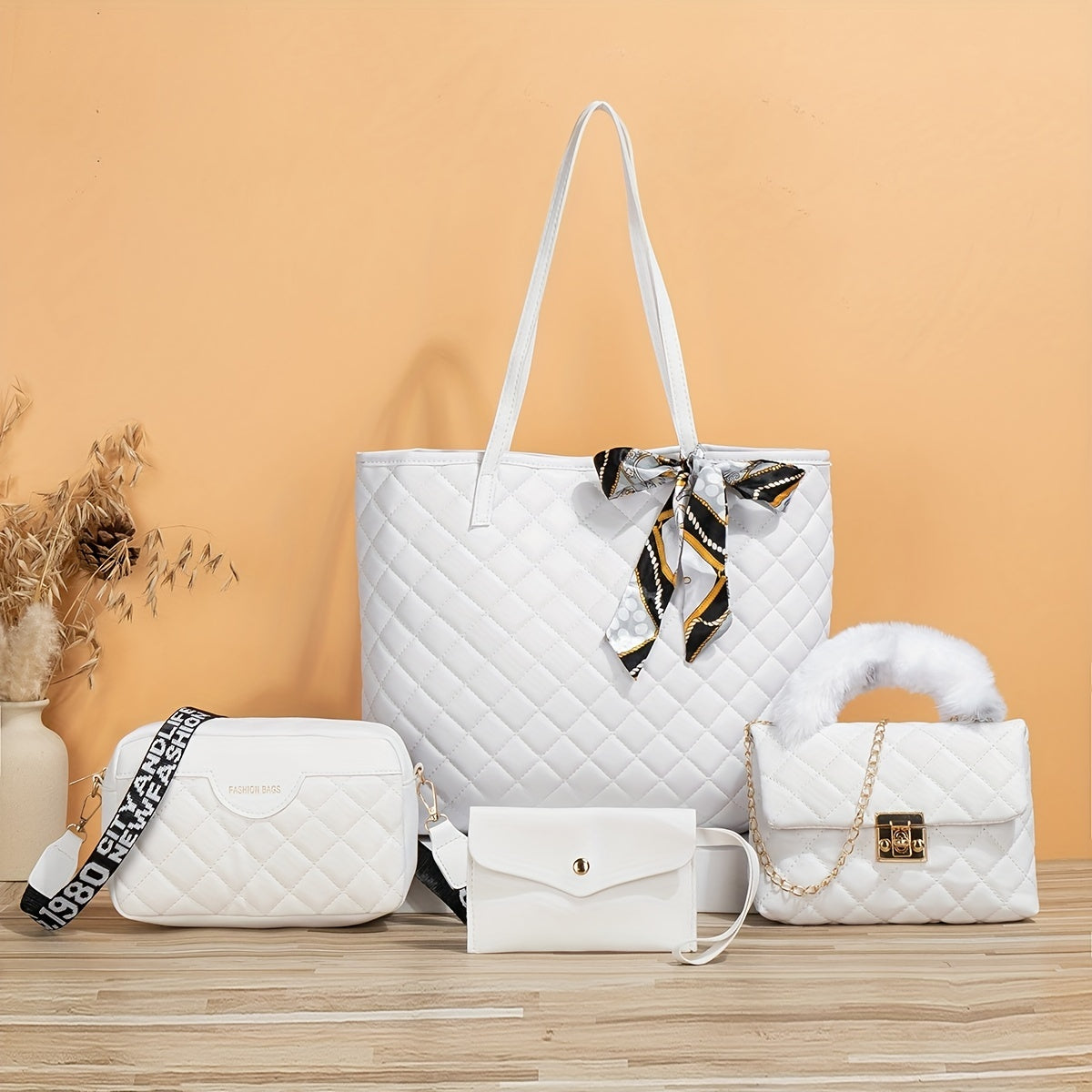 4 Pcs Quilted Detail Bag Sets, Solid Color Tote Bag With Shoulder Chain Bag & Purse & Crossbody Bag, Classic Bags With Scarf Decor