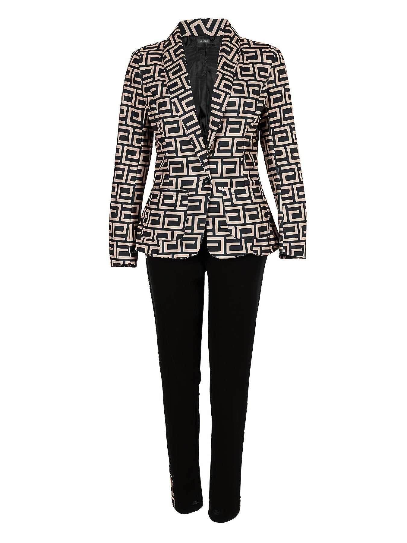 Casual Print Pantsuits Two-piece Set, Long Sleeve Lapel Blazer & Drawstring Long Pants Set, Women's Clothing