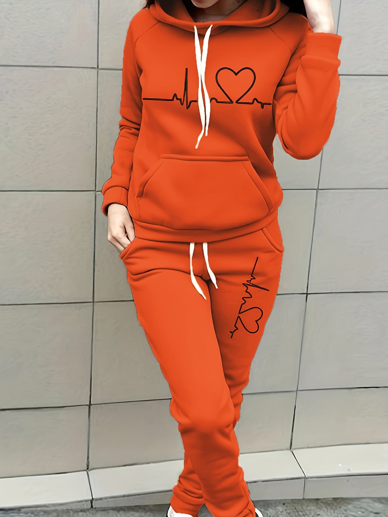 Women's 2 Pc Set, Heart & ECG Print Thermal Lined Hooded Top & Pants Set, Women's Clothing