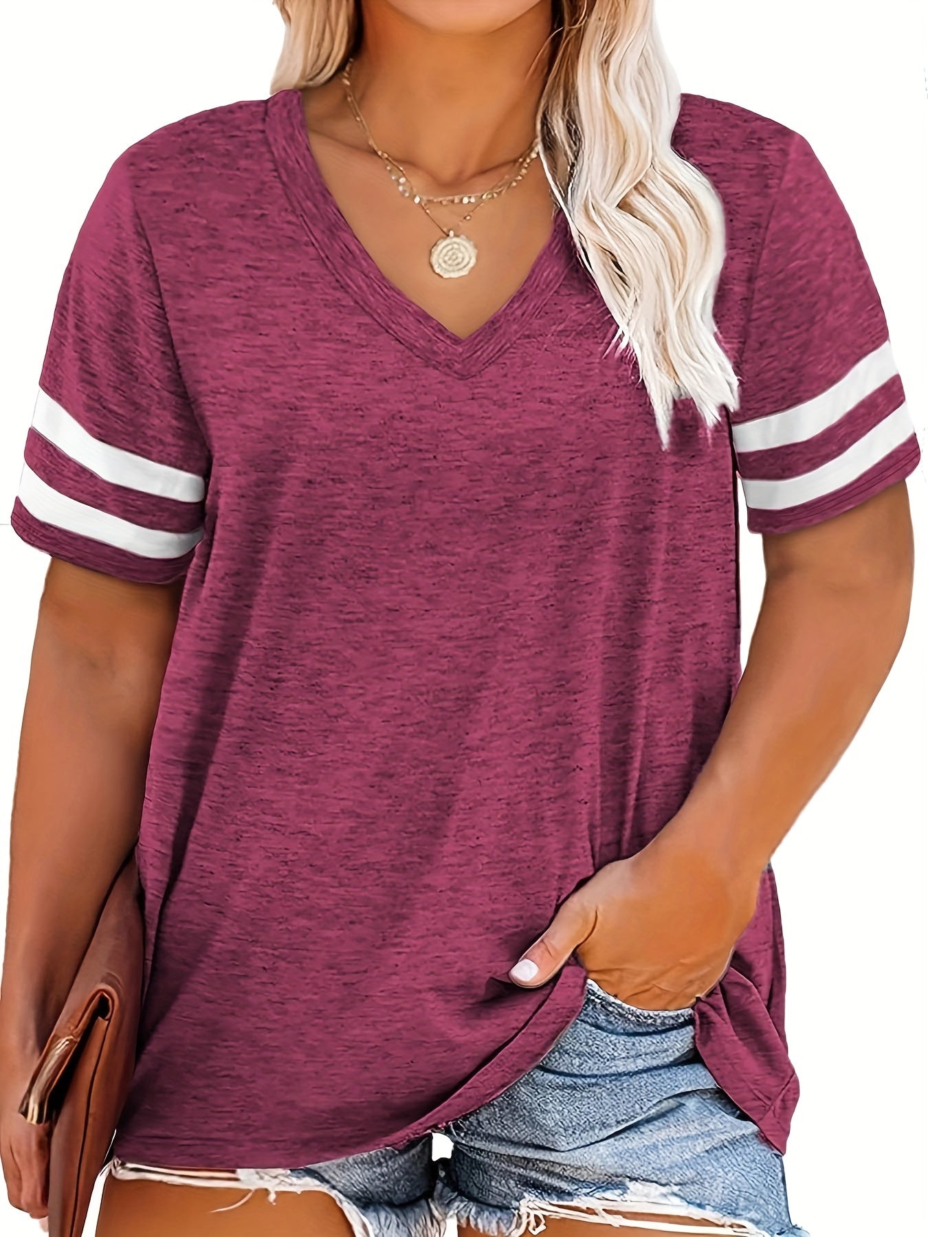 Plus Size Colorblock V Neck T-shirt, Women's Plus Slight Stretch Short Sleeve Casual Tee