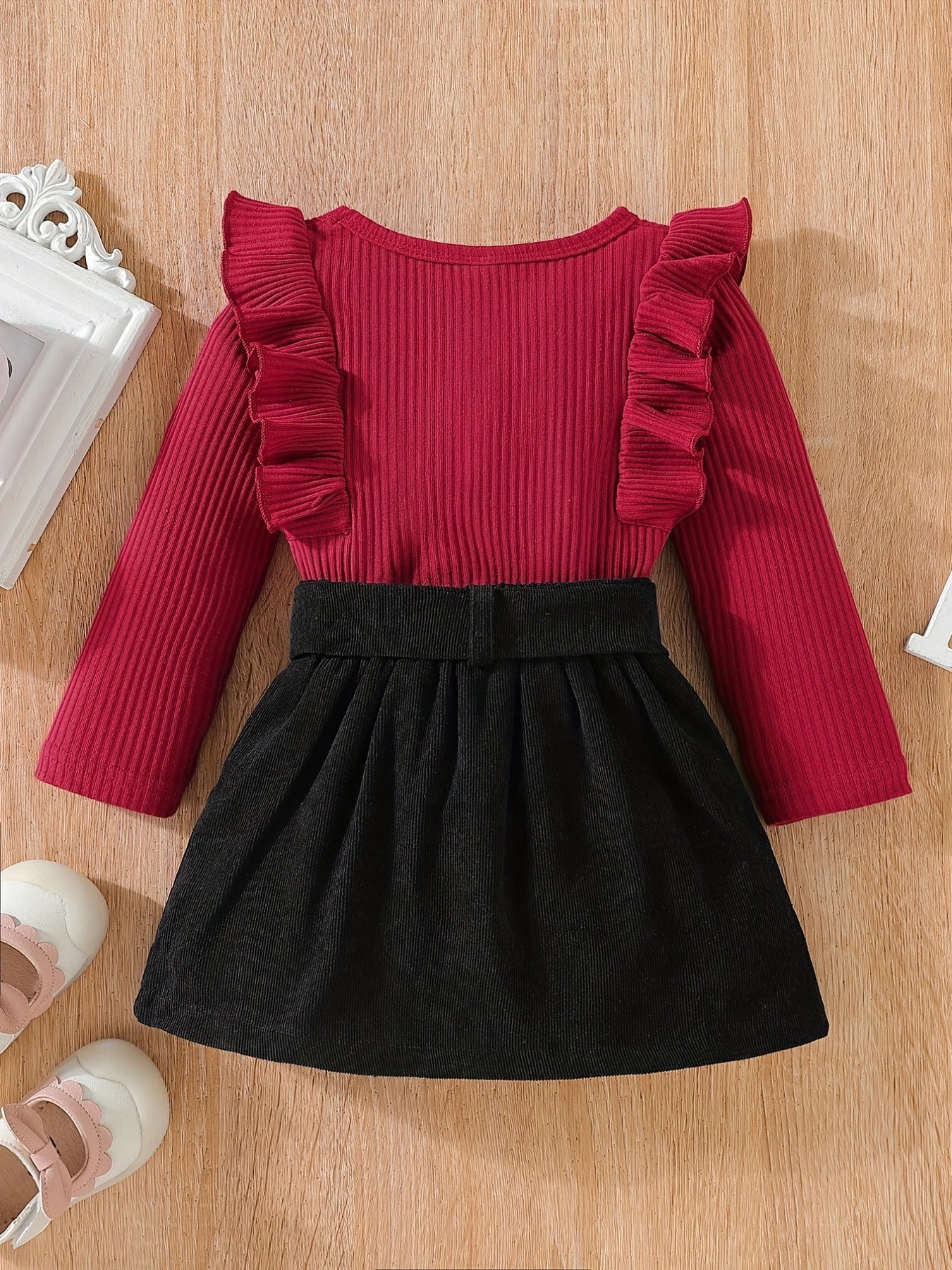 Toddler Girls Ribbed Knit Ruffle Trim Top & Corduroy Belted Skirt