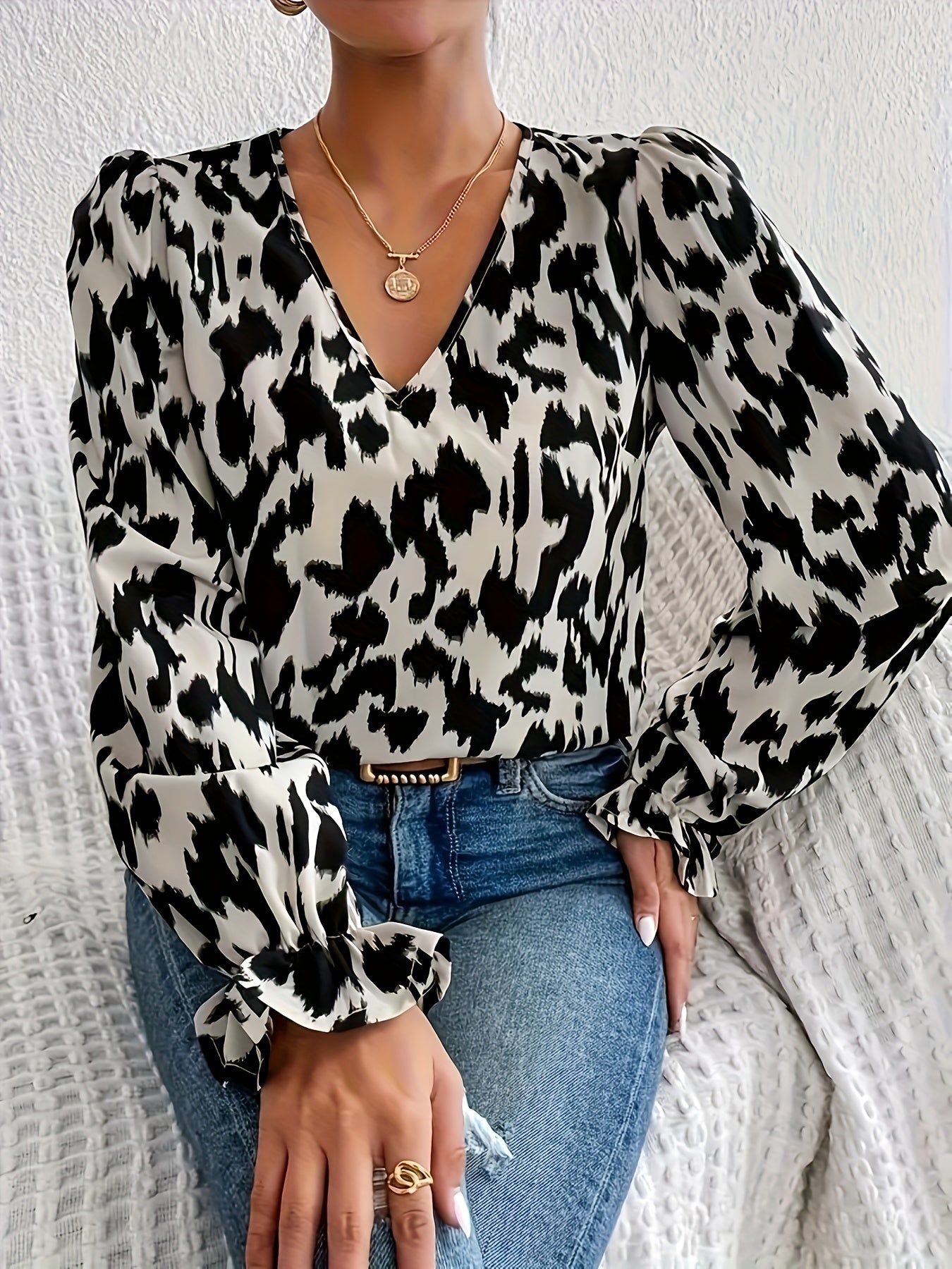 All Over Pint V Neck Blouse, Elegant Long Sleeve Ruffle Trim Blouse, Women's Clothing