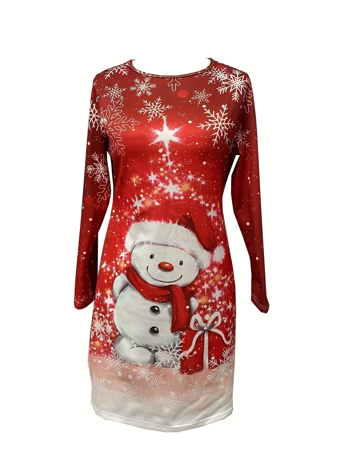 Snowman Print Long Sleeve Dress, Casual Crew Neck Dress For Spring & Fall, Women's Clothing