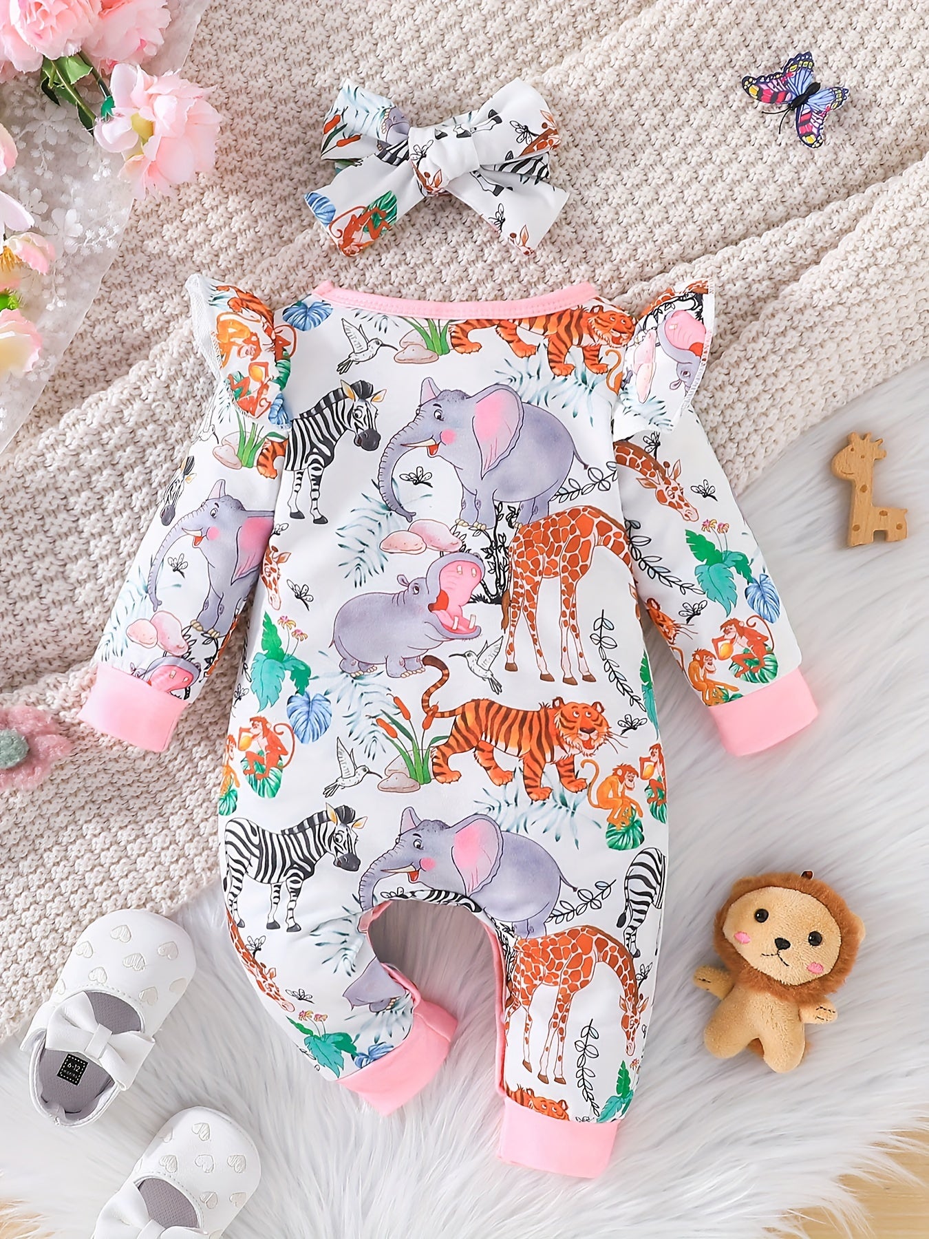 Newborn Baby New Cute Cartoon Animal Koala Allover  Print Bodysuit + Headband Two-piece Set For Baby Girls